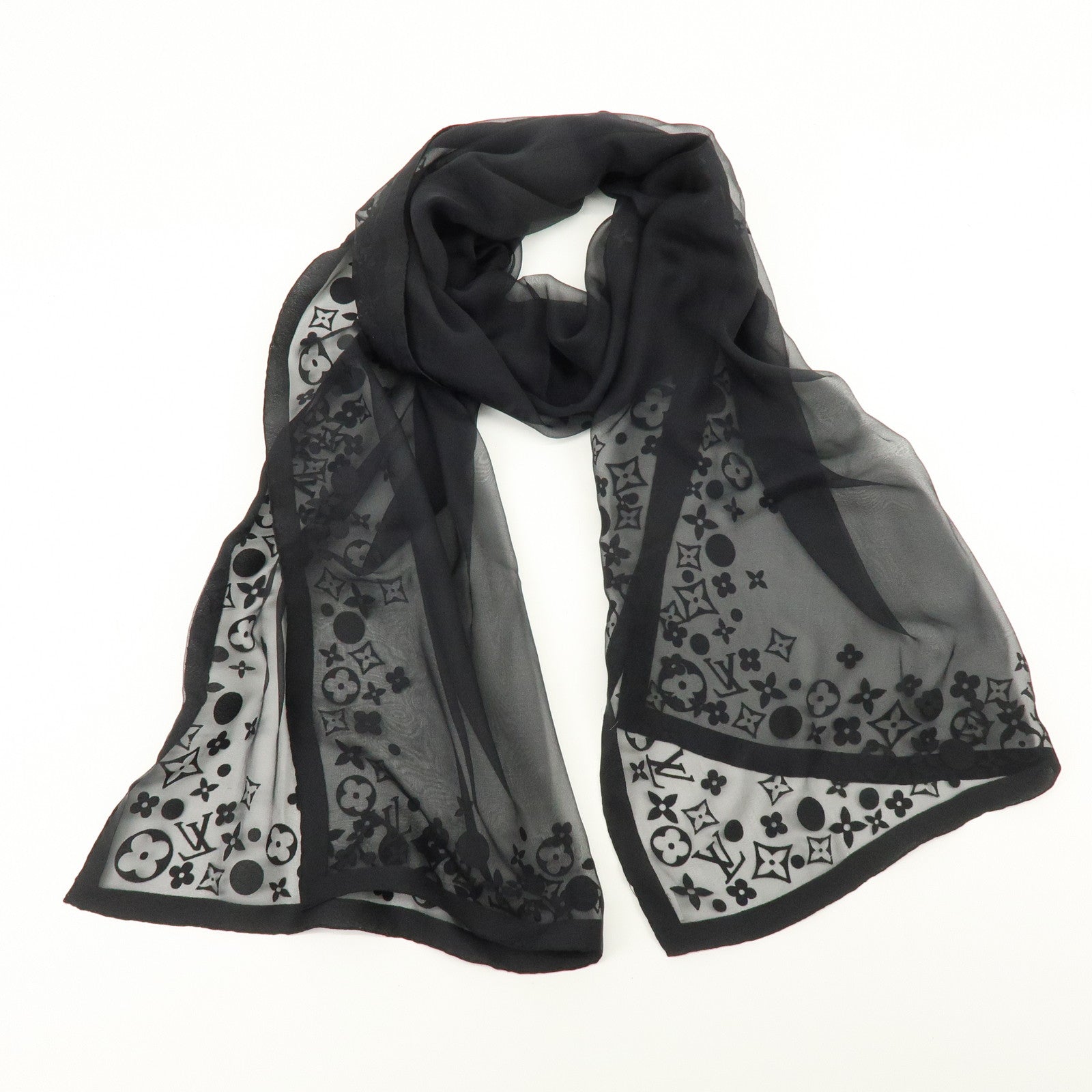 Louis Vuitton Monogram Silk 100% Sheer Scarf Shawl Black