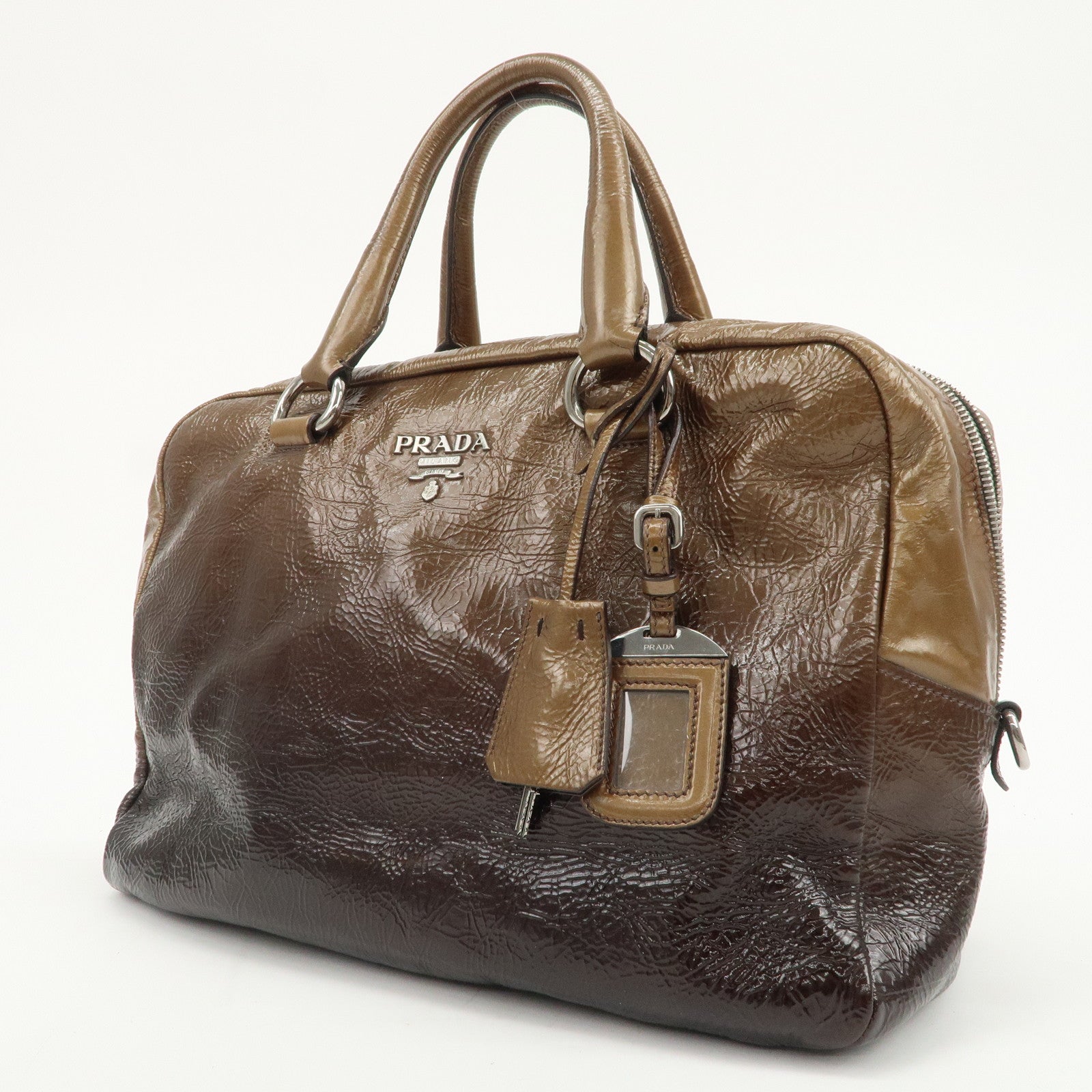 PRADA Logo Patent Leather Hand Bag Boston Bag Brown BL0555