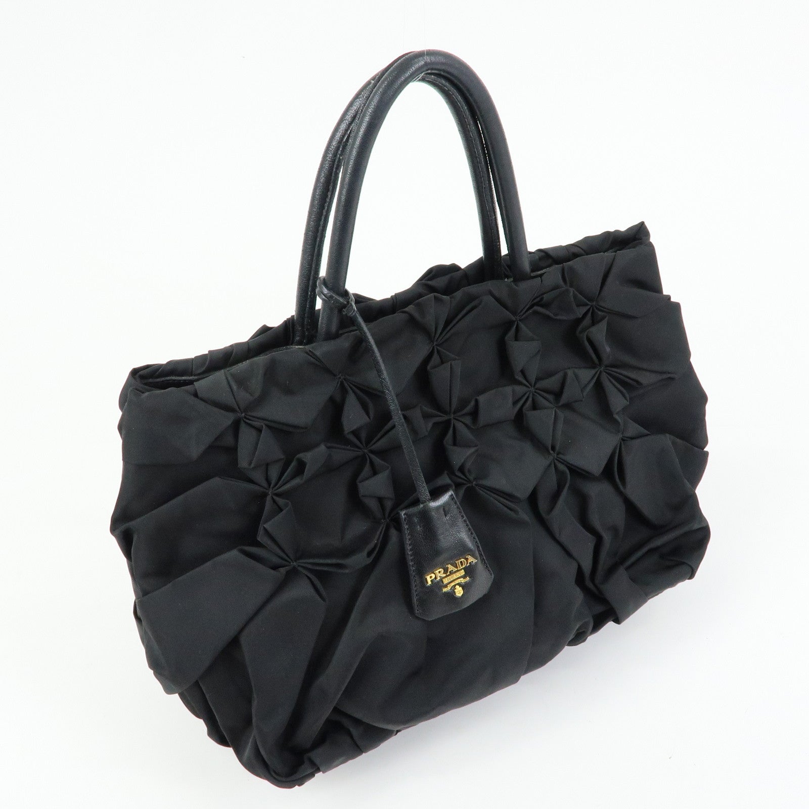 PRADA Triangle Logo Nylon Leather Hand Bag Tote Bag Black BN1701