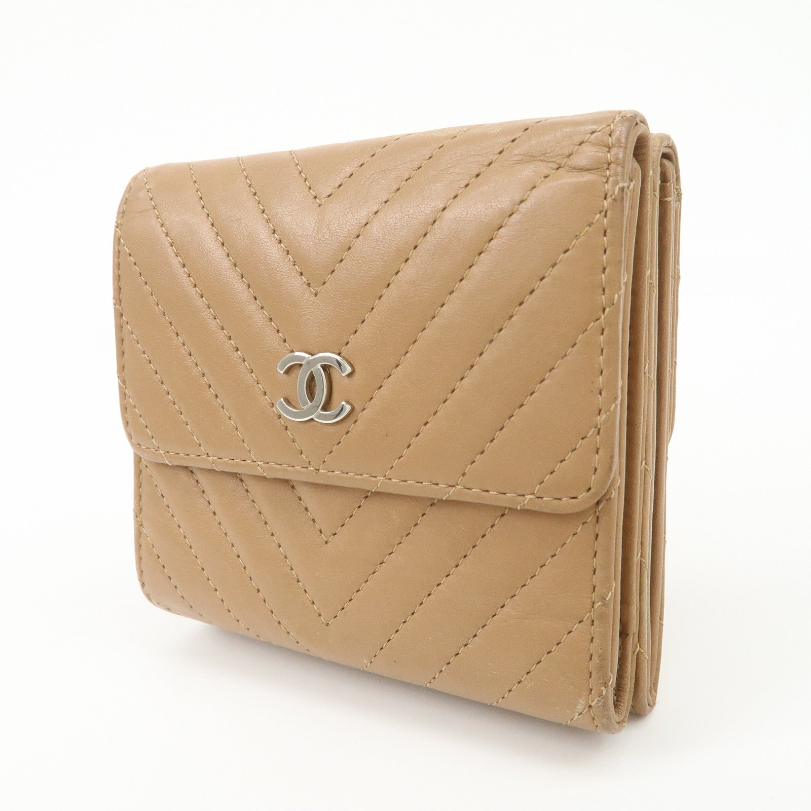 CHANEL Matelasse V Stitch Leather Tri-Fold Wallet Brown A34281