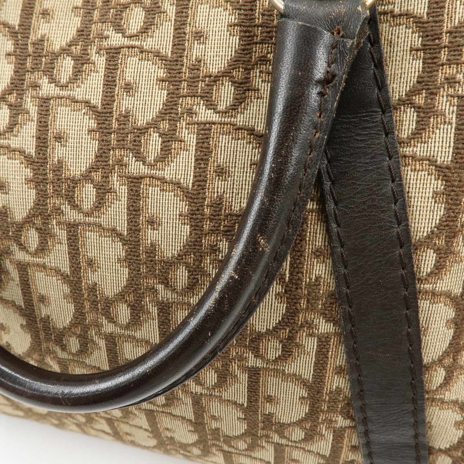 Christian Dior Trotter Jacquard Canvas Leather Boston Bag Brown