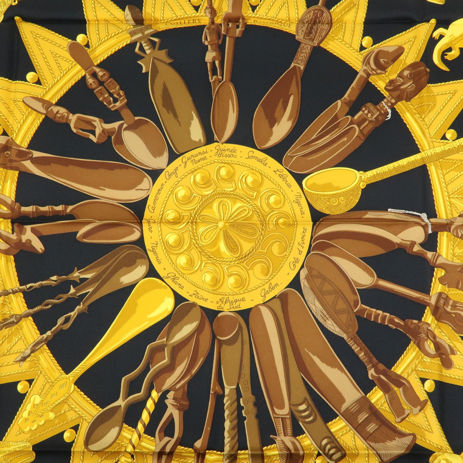 HERMES Carre 90 Silk 100% Scarf CUILLERS D'AFRIQUE Black Gold