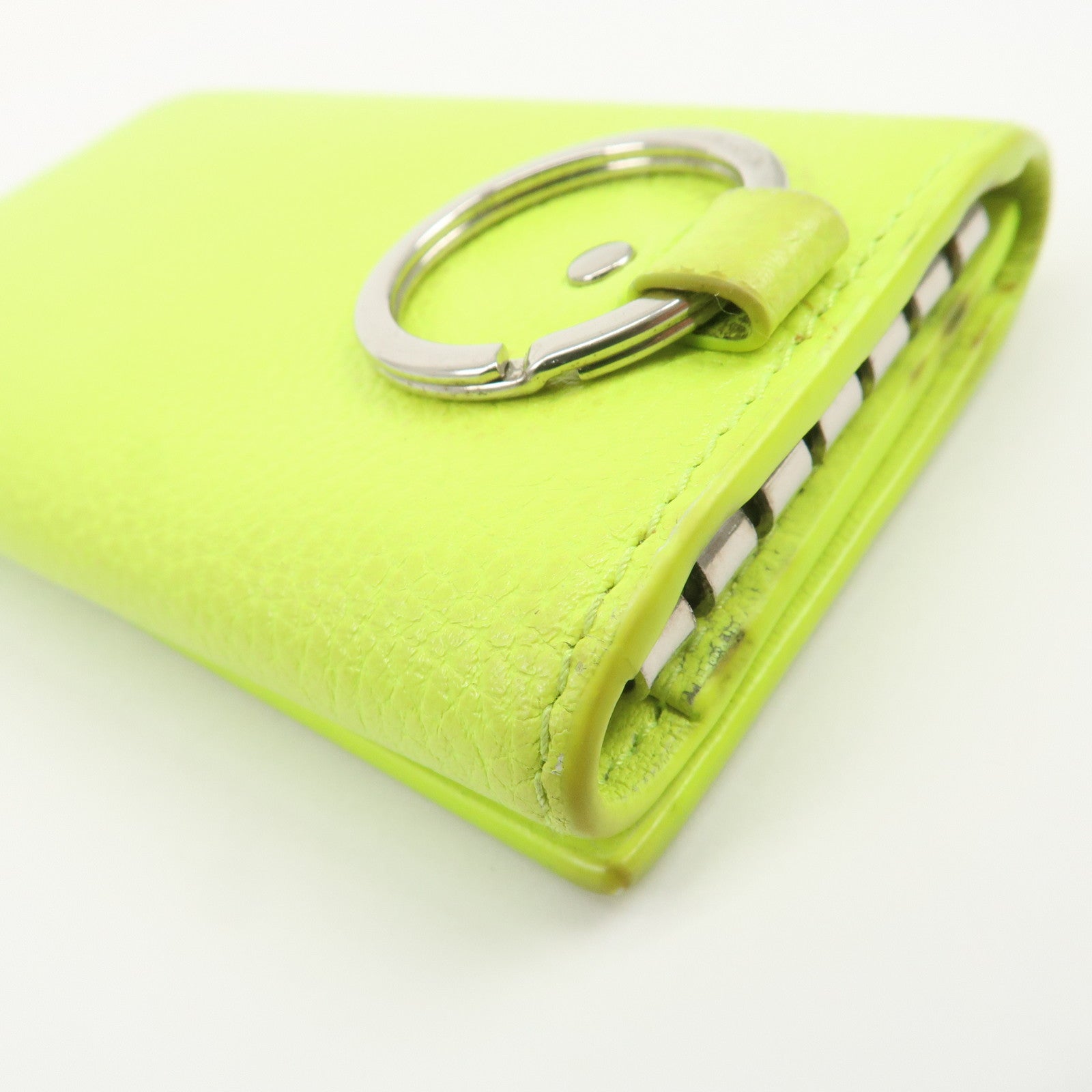 BALENCIAGA Logo Leather Key Case Key Holder Neon Yellow