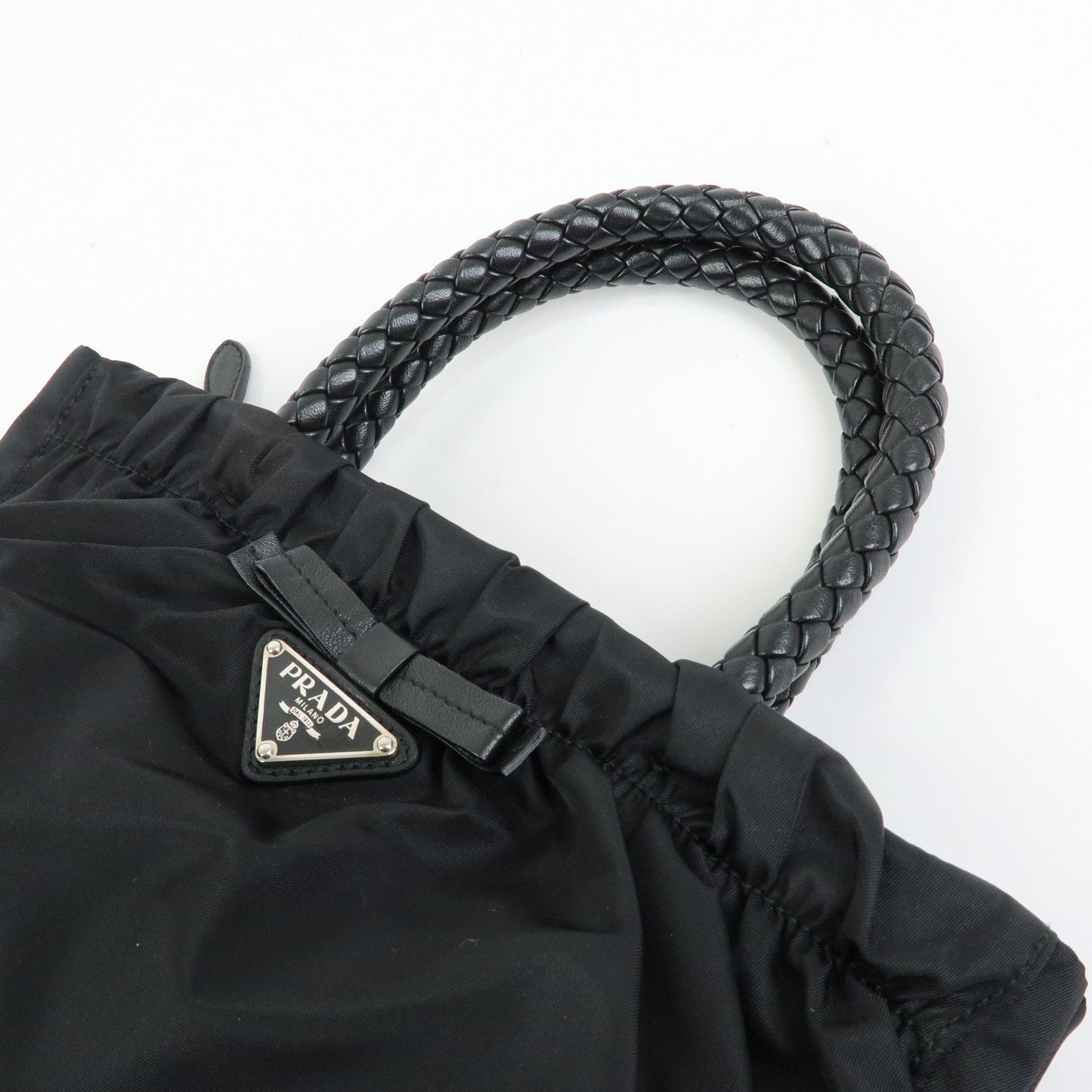 PRADA Triangle Logo Ribbon Nylon Leather 2Way Hand Bag Black BN1631