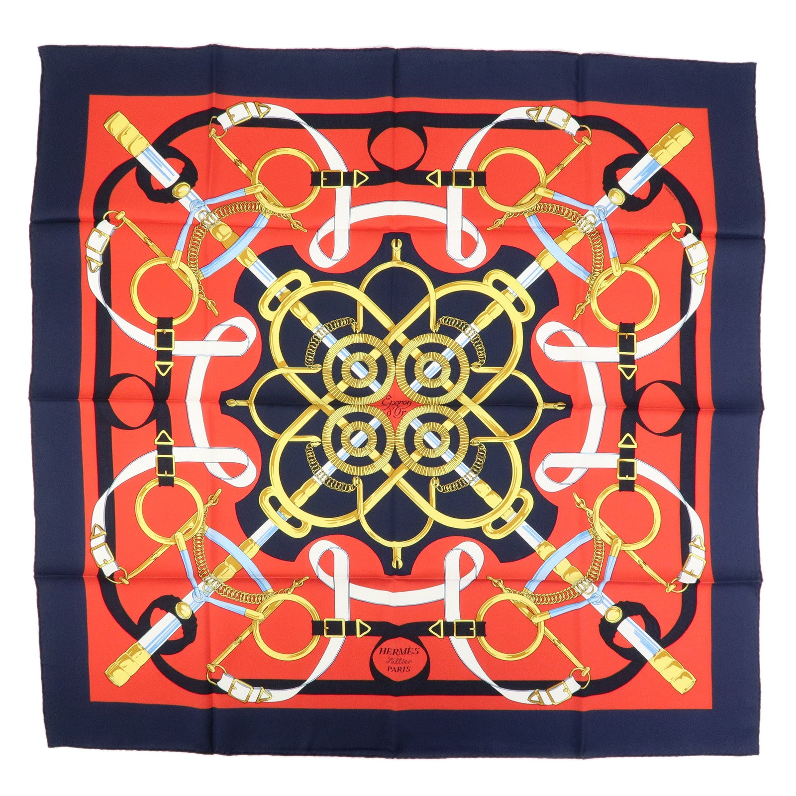 HERMES Carre 90 Silk 100% Scarf  Eperon d'or Navy Red Gold