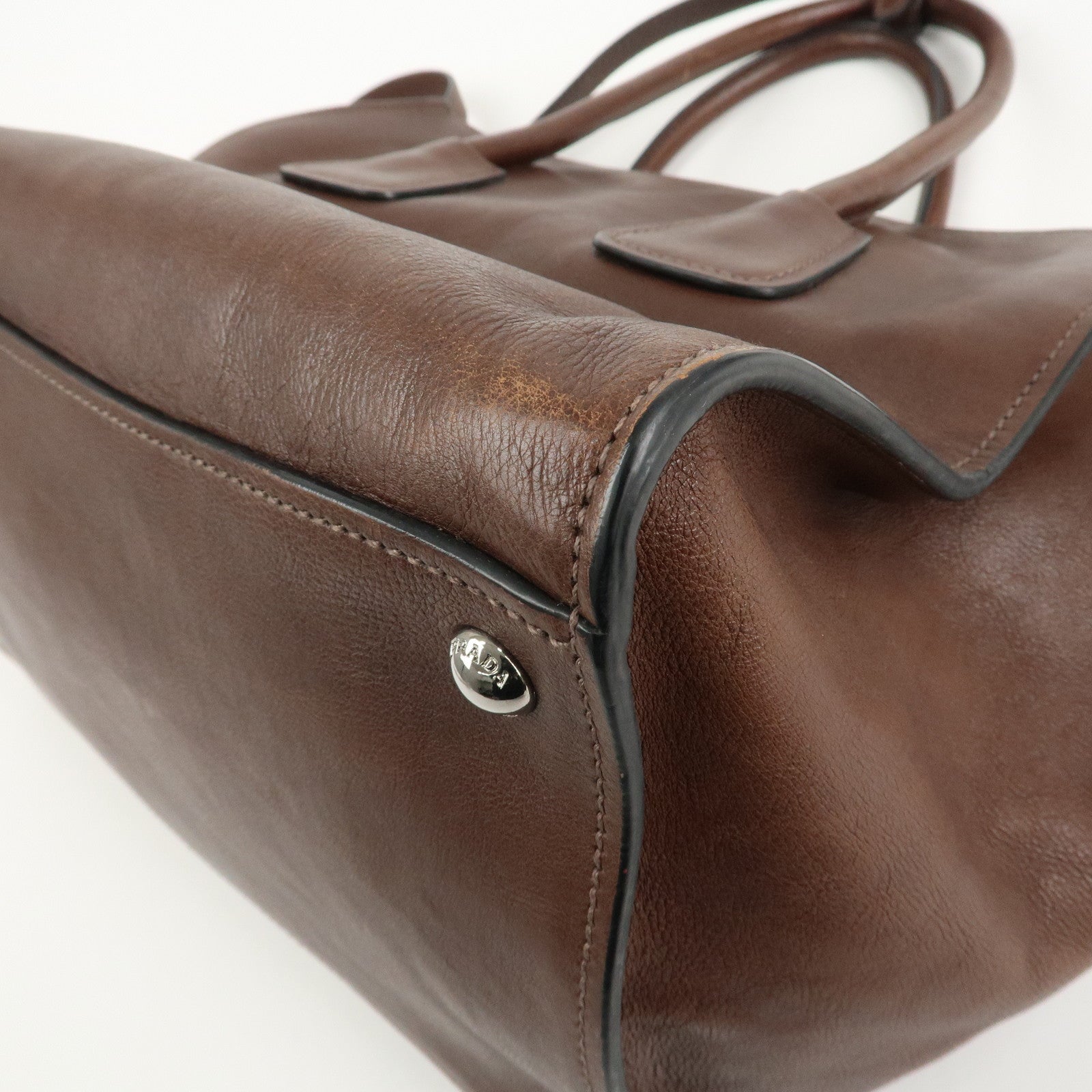 PRADA Triangle Logo Leather 2way Hand Bag Shoulder Bag Brown BN2619 Used