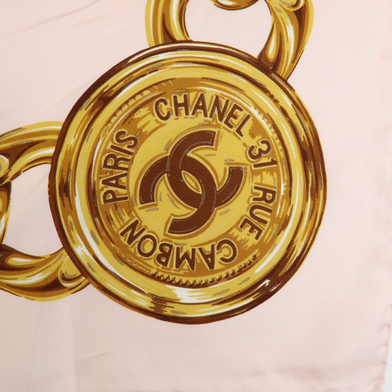 CHANEL COCO Mark Silk 100% Scarf Chain Pearl Motif Pink