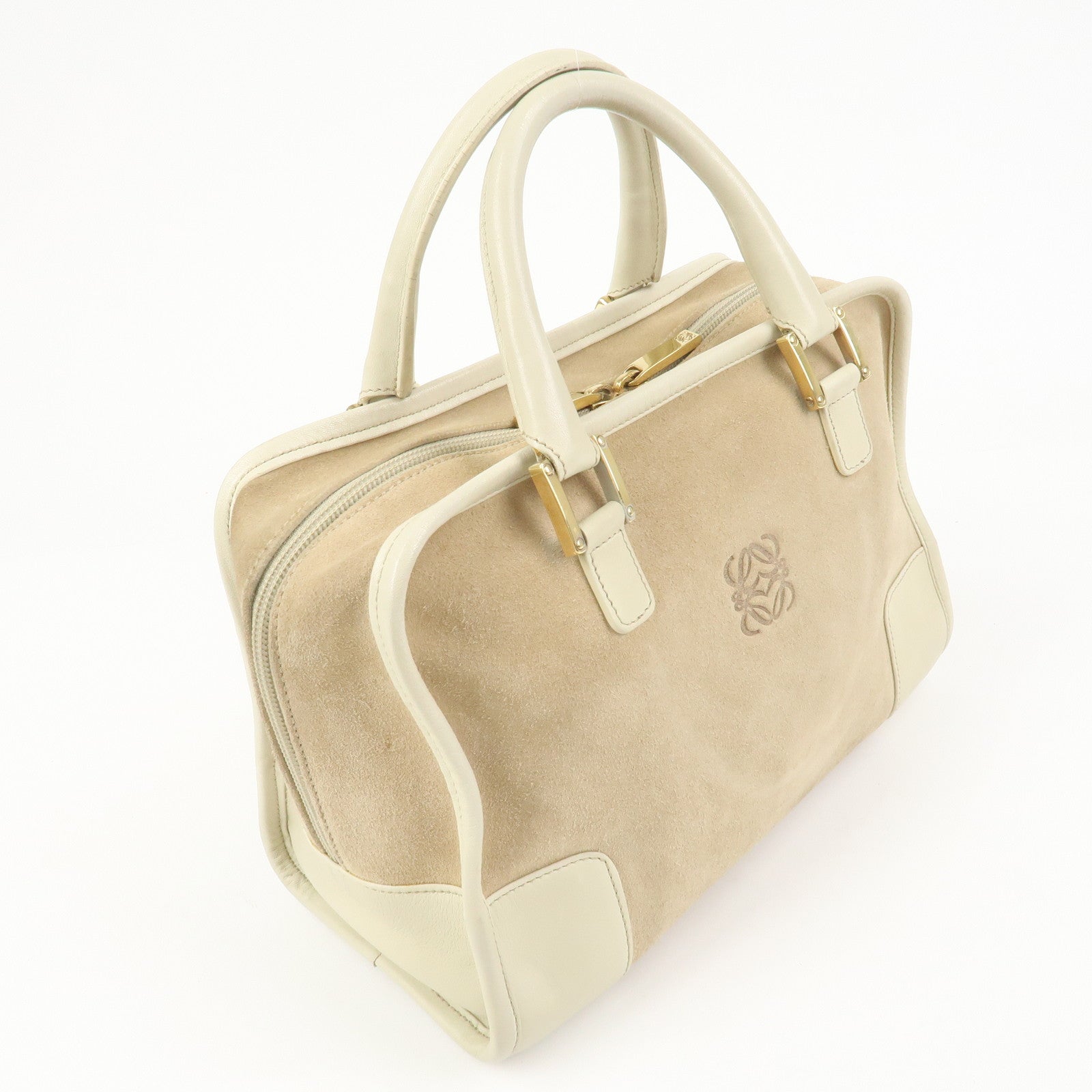 LOEWE Anagram Amazona 28 Suede Leather Hand Bag Beige Ivory