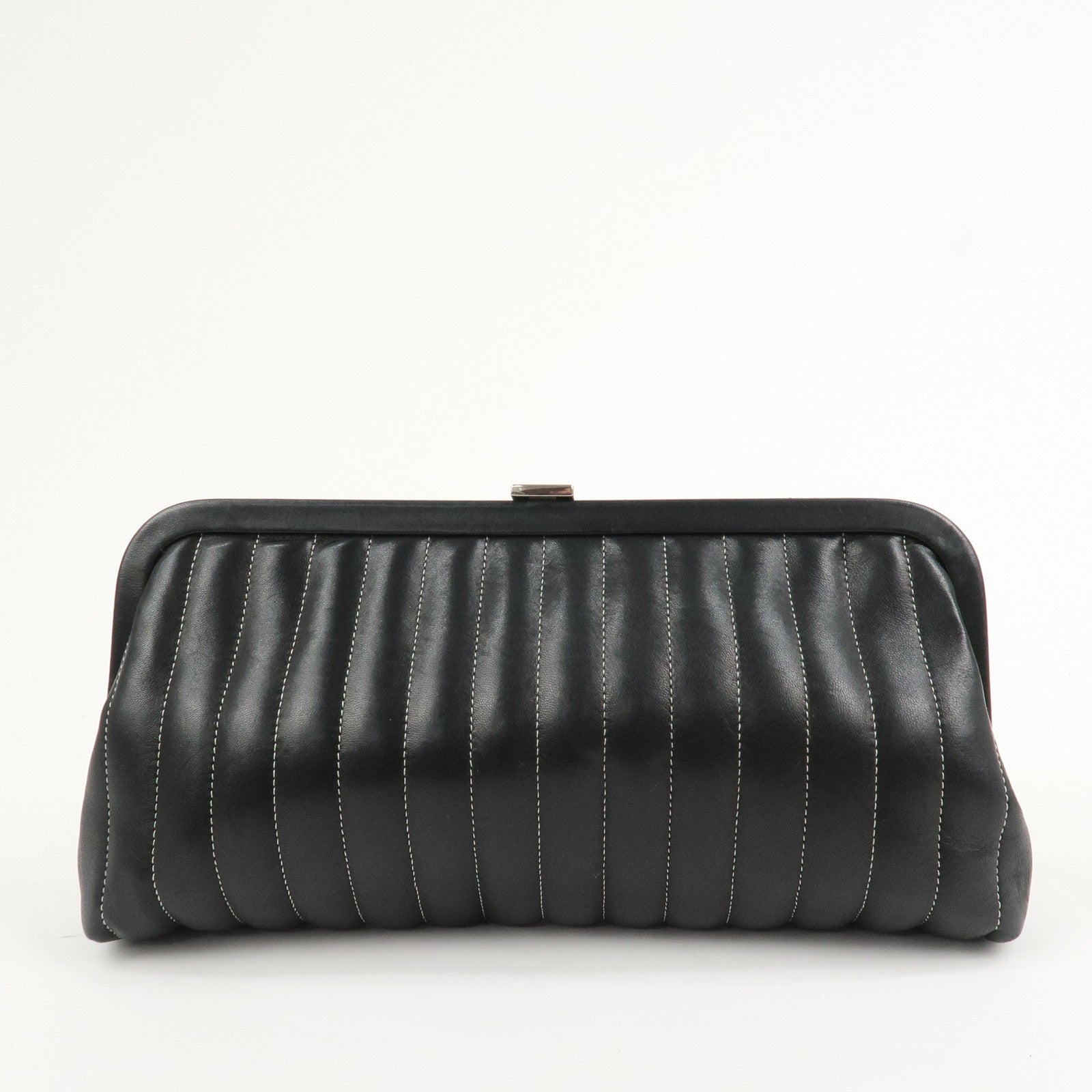 CHANEL Mademoiselle Line Lamb Skin Clutch Bag Hand Bag Black