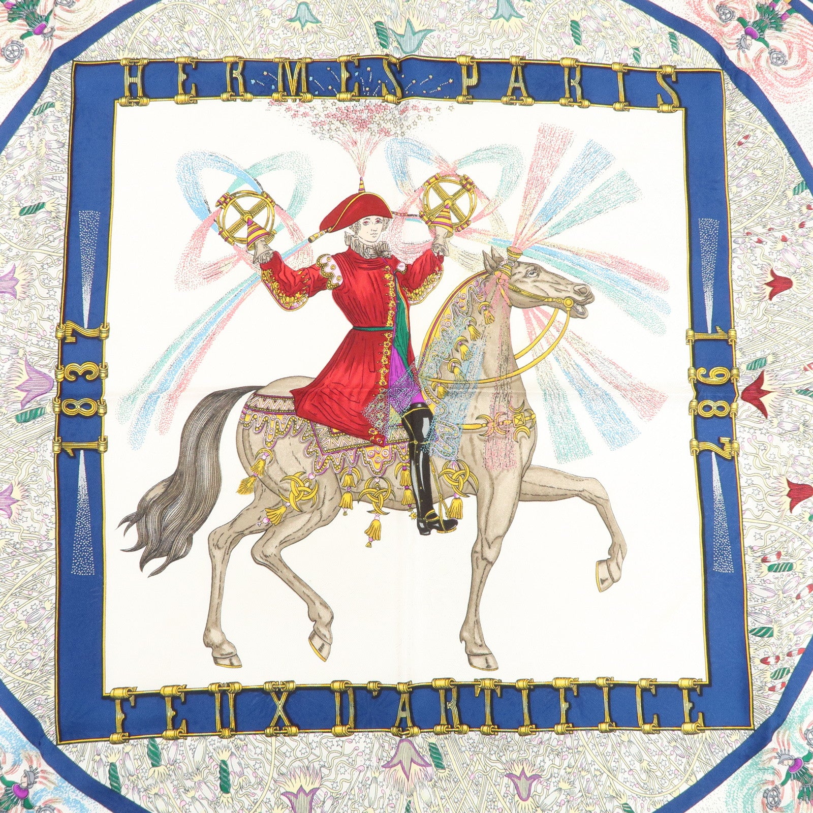 HERMES Carre 90 Silk 100% Scarf FEUX D’ARTIFICE Red White