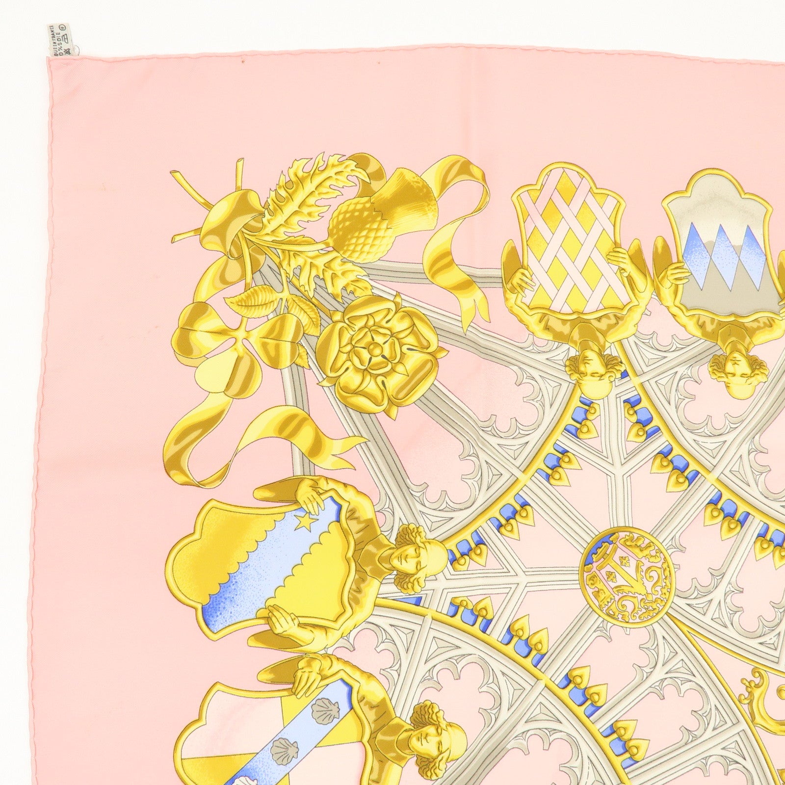 HERMES Carre 90 Silk 100% Scarf BRITISH HERALDRY Light Pink Gold