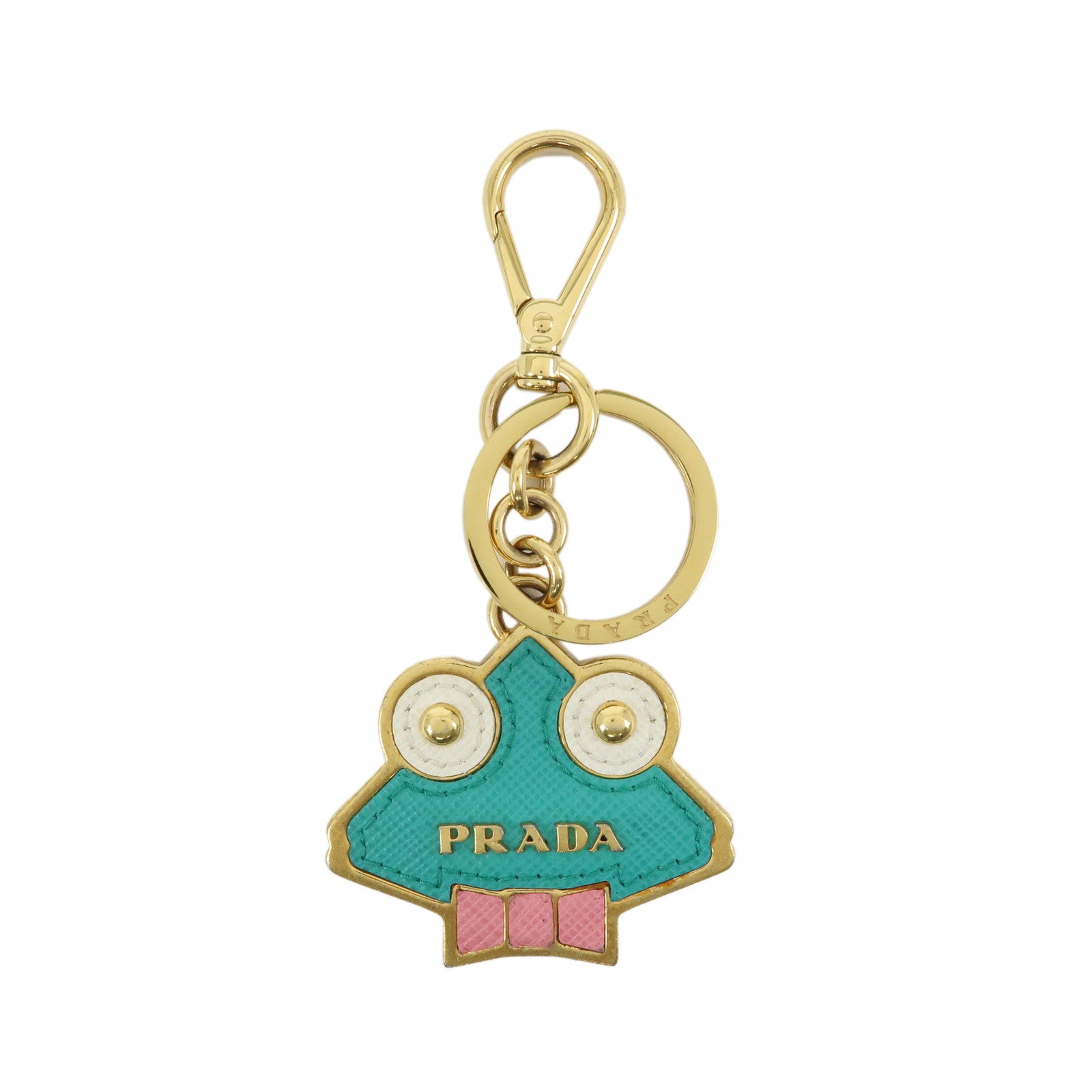 PRADA Saffiano Leather Metal Bag Charm Key Chain Green Pink Gold