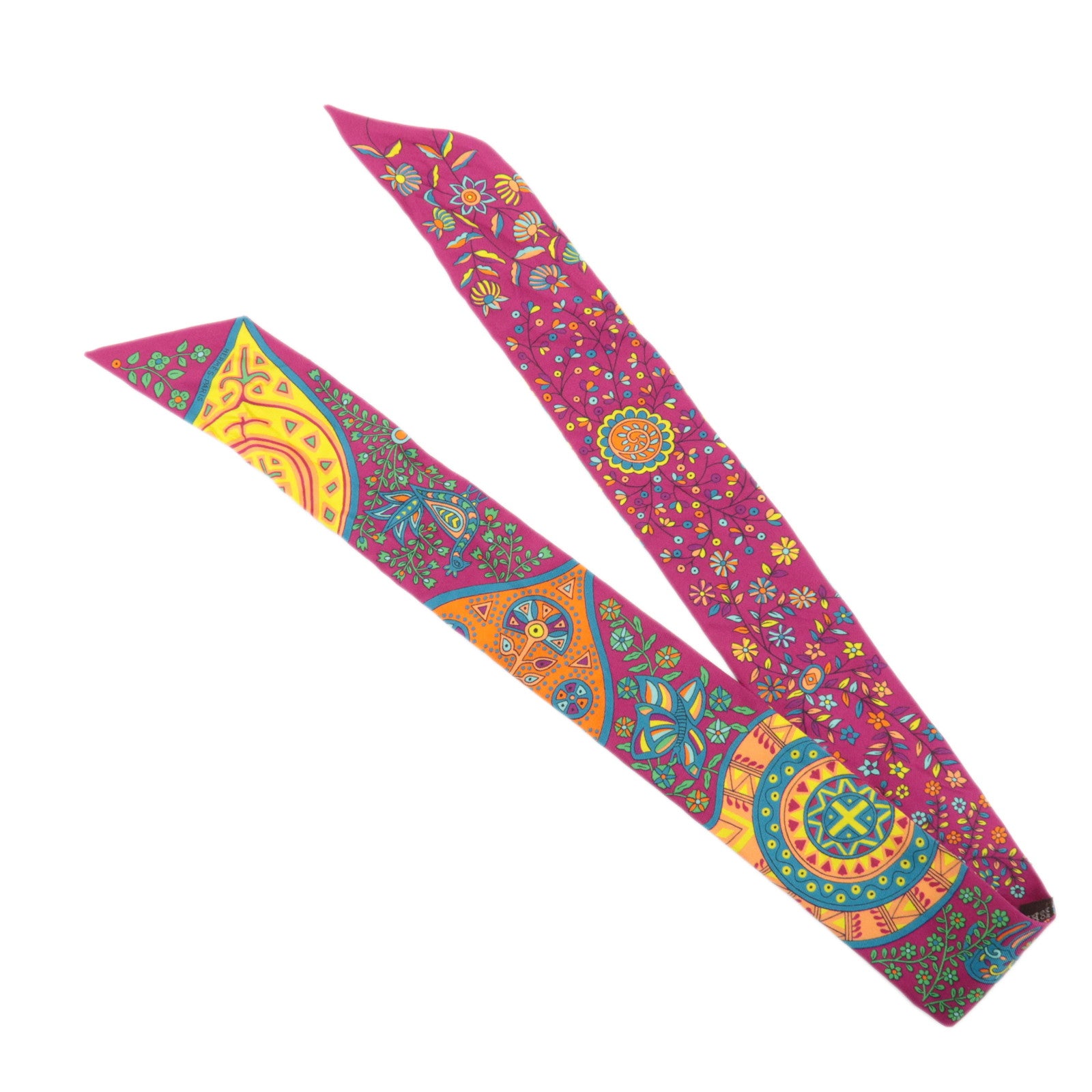 HERMES Twilly 100% Silk Scarf LARBRE DE VIE Flower Print Pink