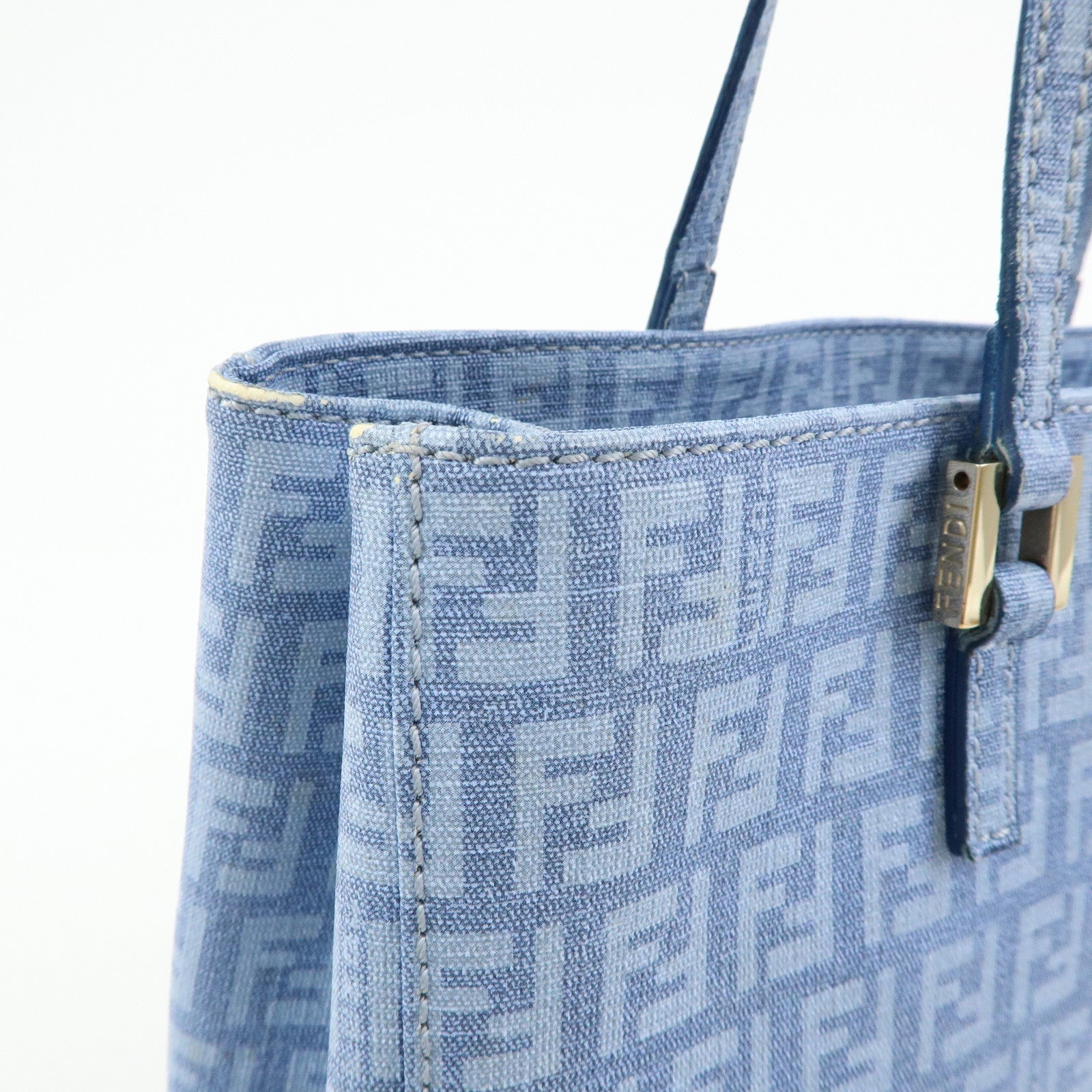 FENDI Logo Zucchino PVC Hand Bag Tote Bag Light Blue 8BH132