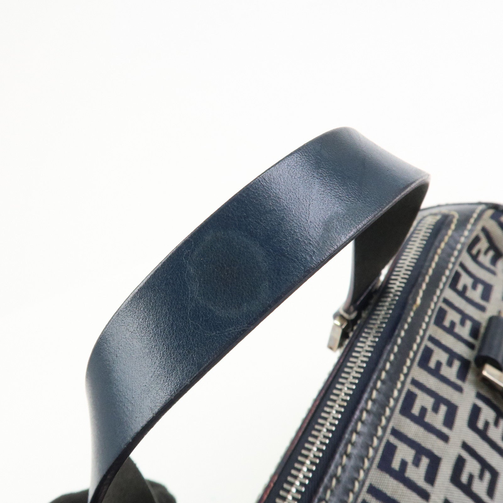 FENDI Zucchino Canvas Leather Hand Bag Mini Boston Bag Navy 16327