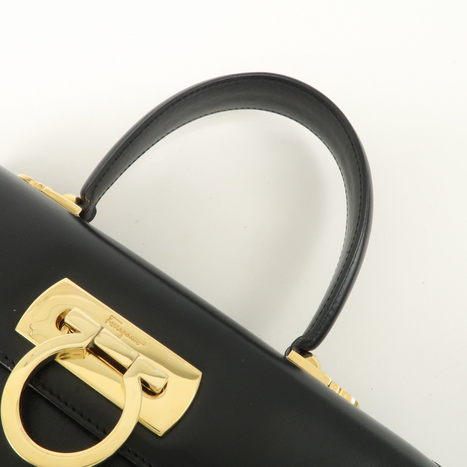 Ferragamo Gancini Leather 2Way Bag Hand Bag Shoulder Bag Black