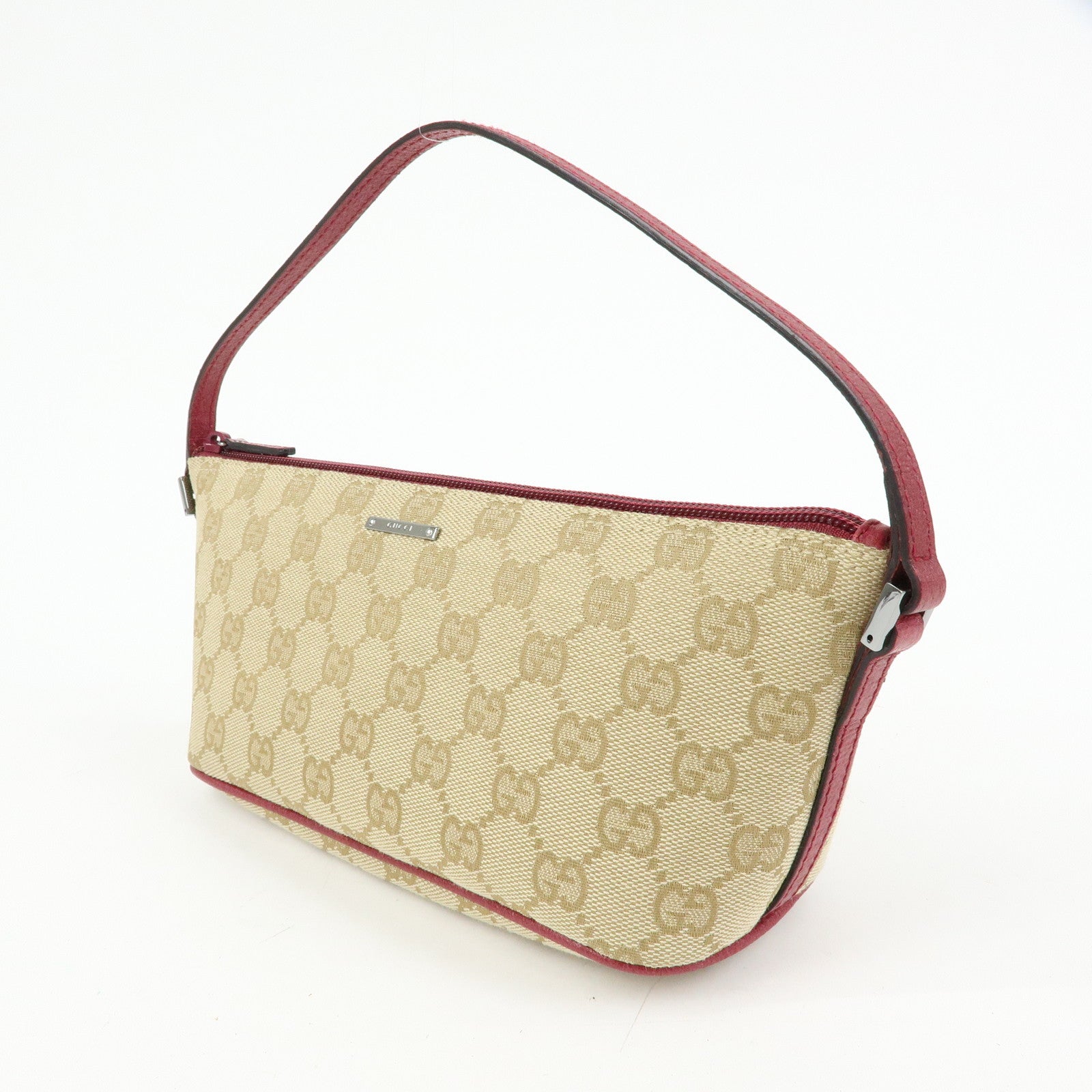 GUCCI Boat Bag GG Canvas Leather Hand Bag Beige Red 07198
