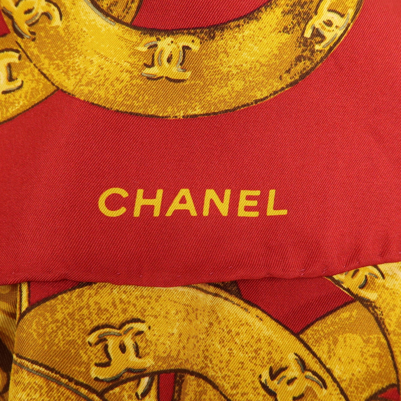 CHANEL COCO Mark Silk 100% Scarf Red Gold Multicolor