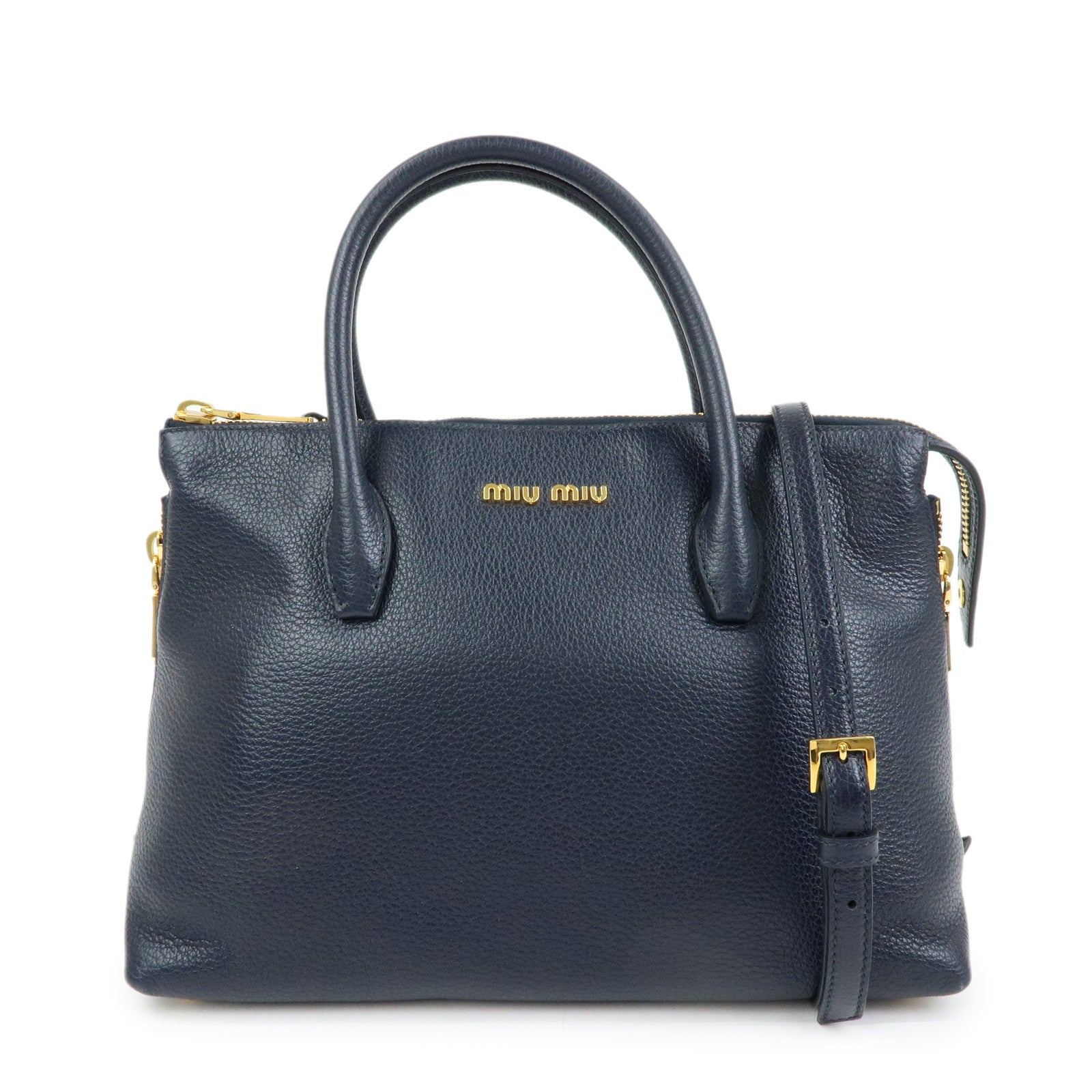 MIU MIU Logo Leather 2WAY Bag Shoulder Bag Hand Bag Navy 5BB016