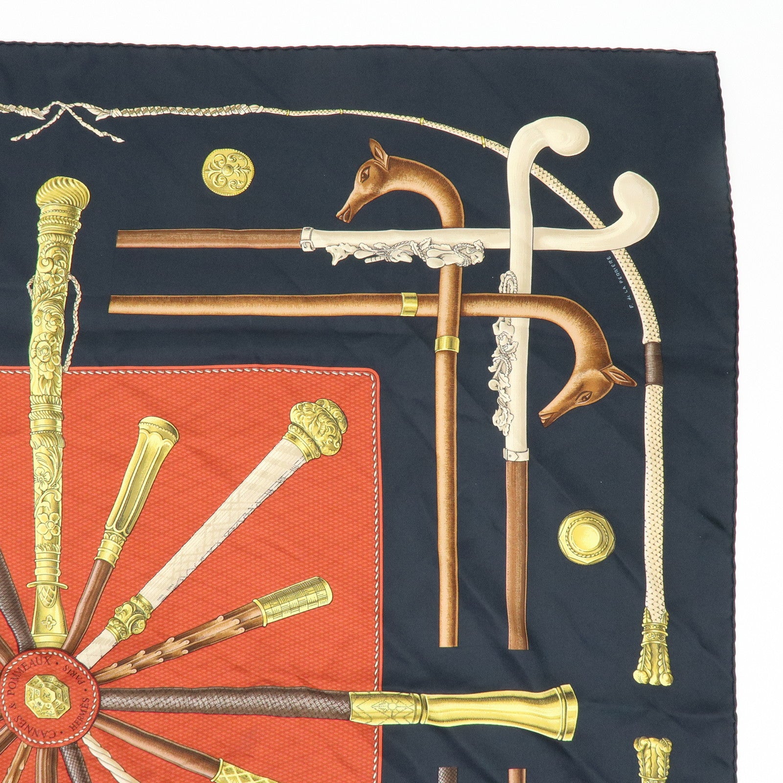 HERMES Carre 90 Silk 100% Scarf CANNES ET POMMEAUX Stick Black