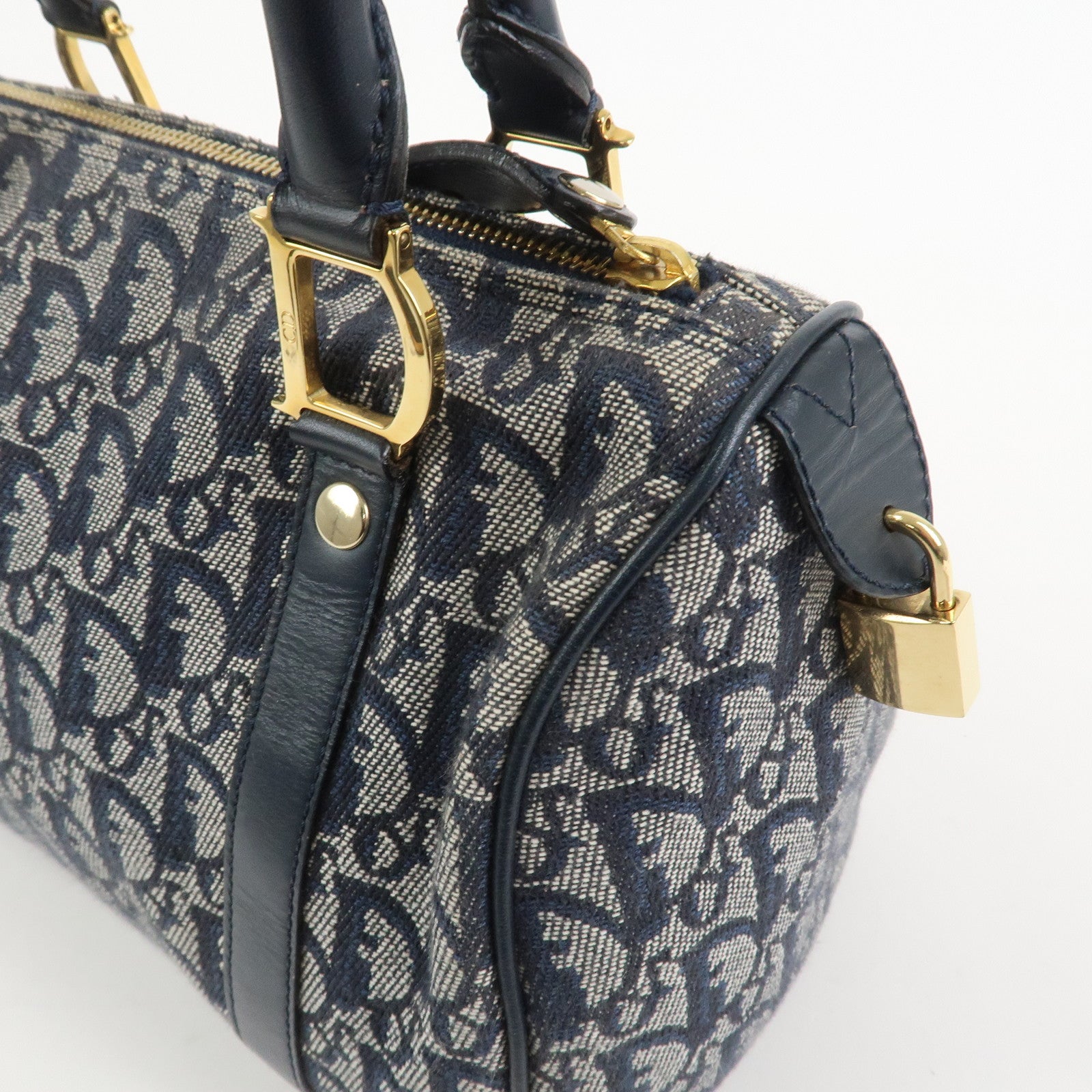 Christian Dior Trotter Jacquard Canvas Leather Boston Bag Navy