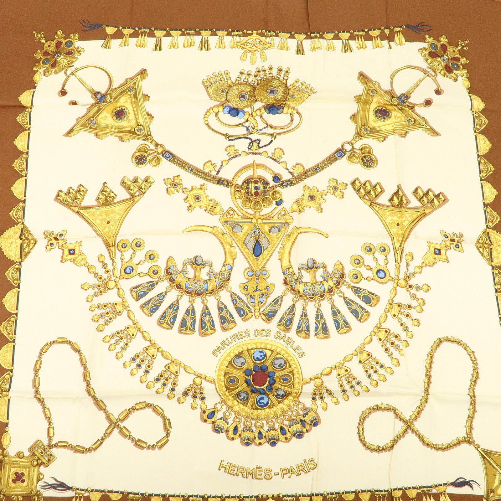 HERMES Carre 90 Silk 100% Scarf PARURES DES SABLES Gold Brown Used