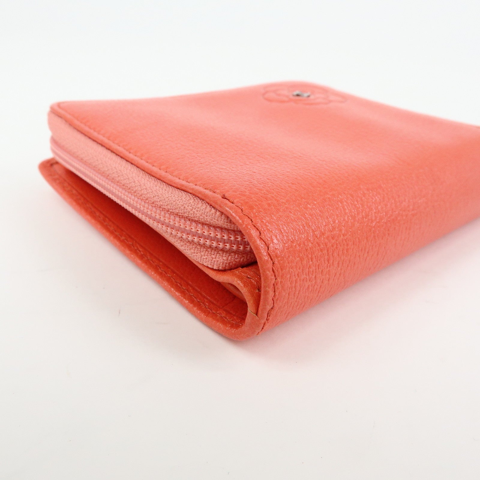 CHANEL Camellia Zip Around Leather Compact Wallet Rose Pink