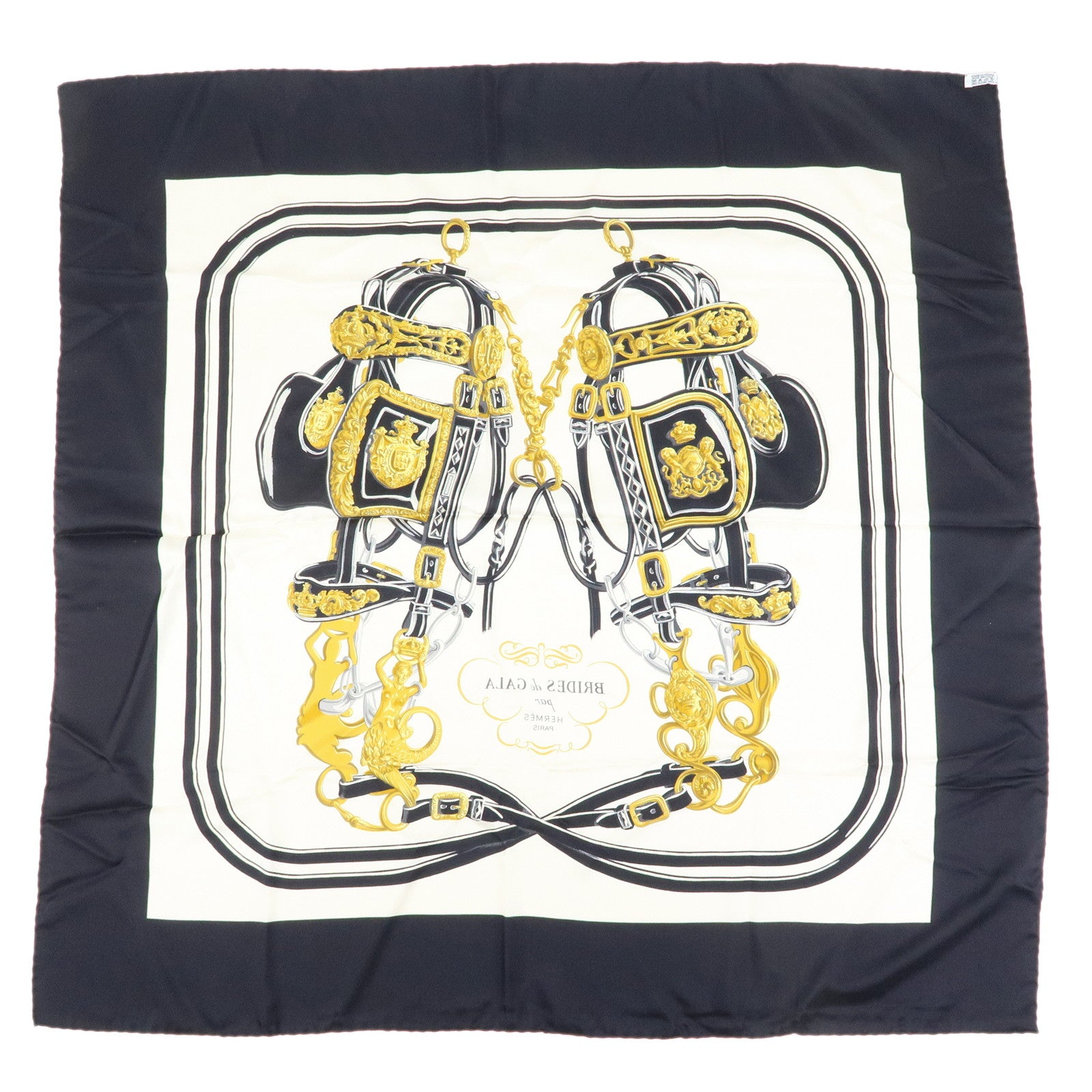 HERMES Carre 90 Silk 100% BRIDES DE GALA Scarf Black White Gold