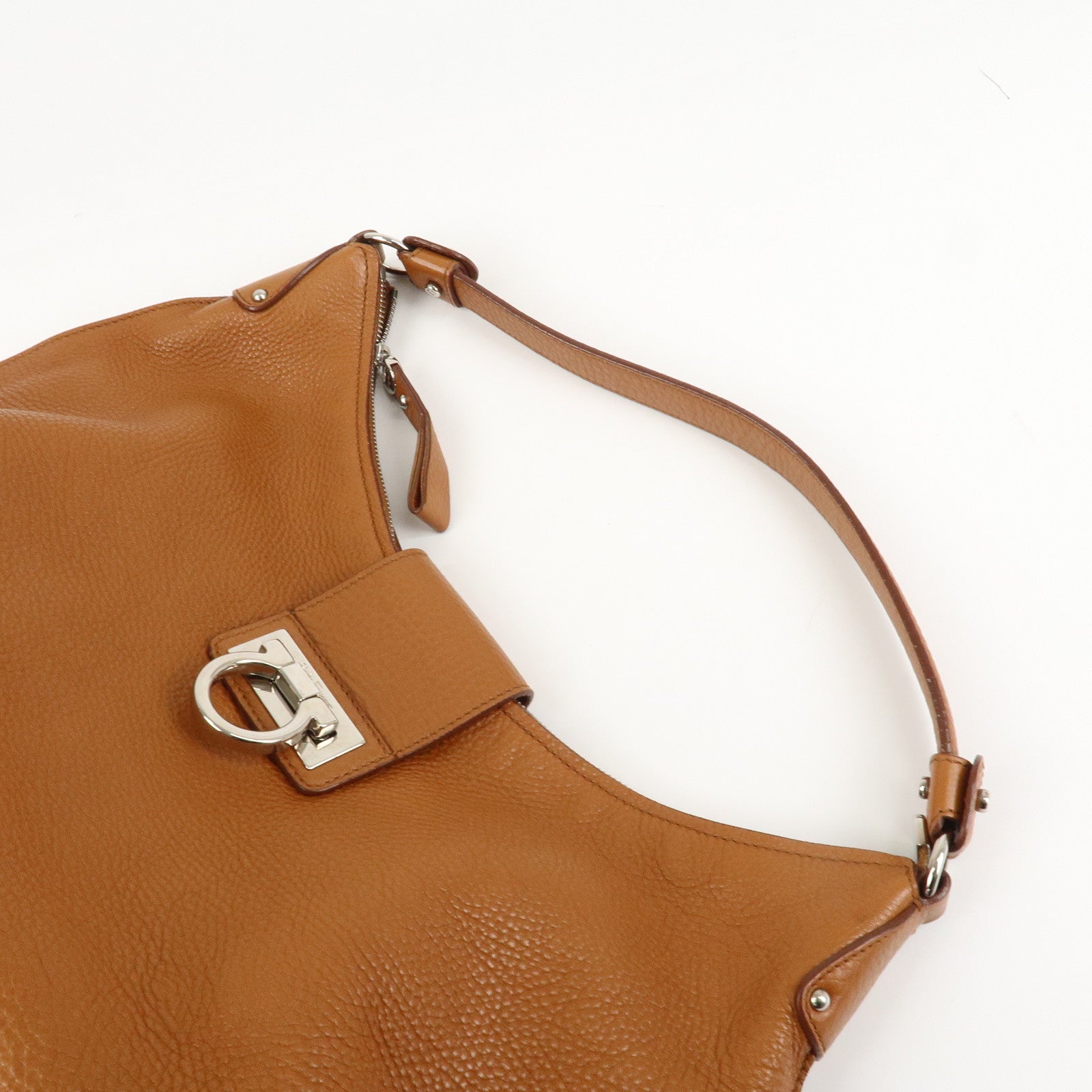 Ferragamo Gancini Leather Shoulder Bag Brown Silver Hardware Used