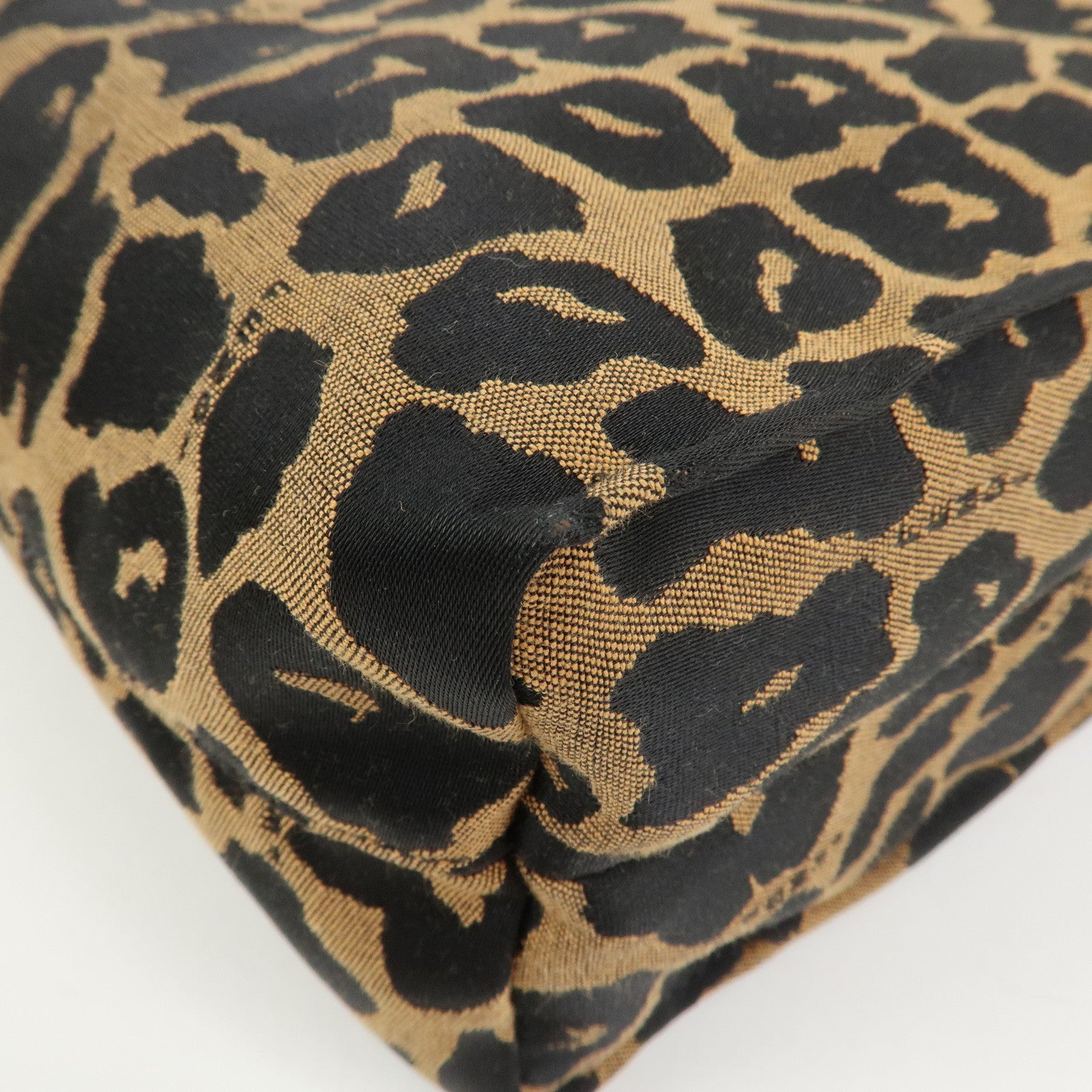 FENDI Leopard Canvas Leather Tote Bag Hand Bag Brown Black 8BH173