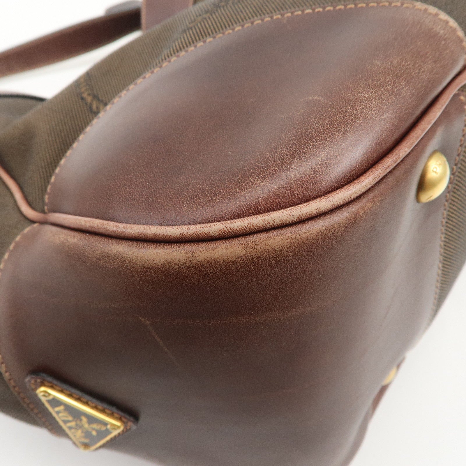 PRADA Triangle Logo Canvas Leather Shoulder Bag Hand Bag Brown