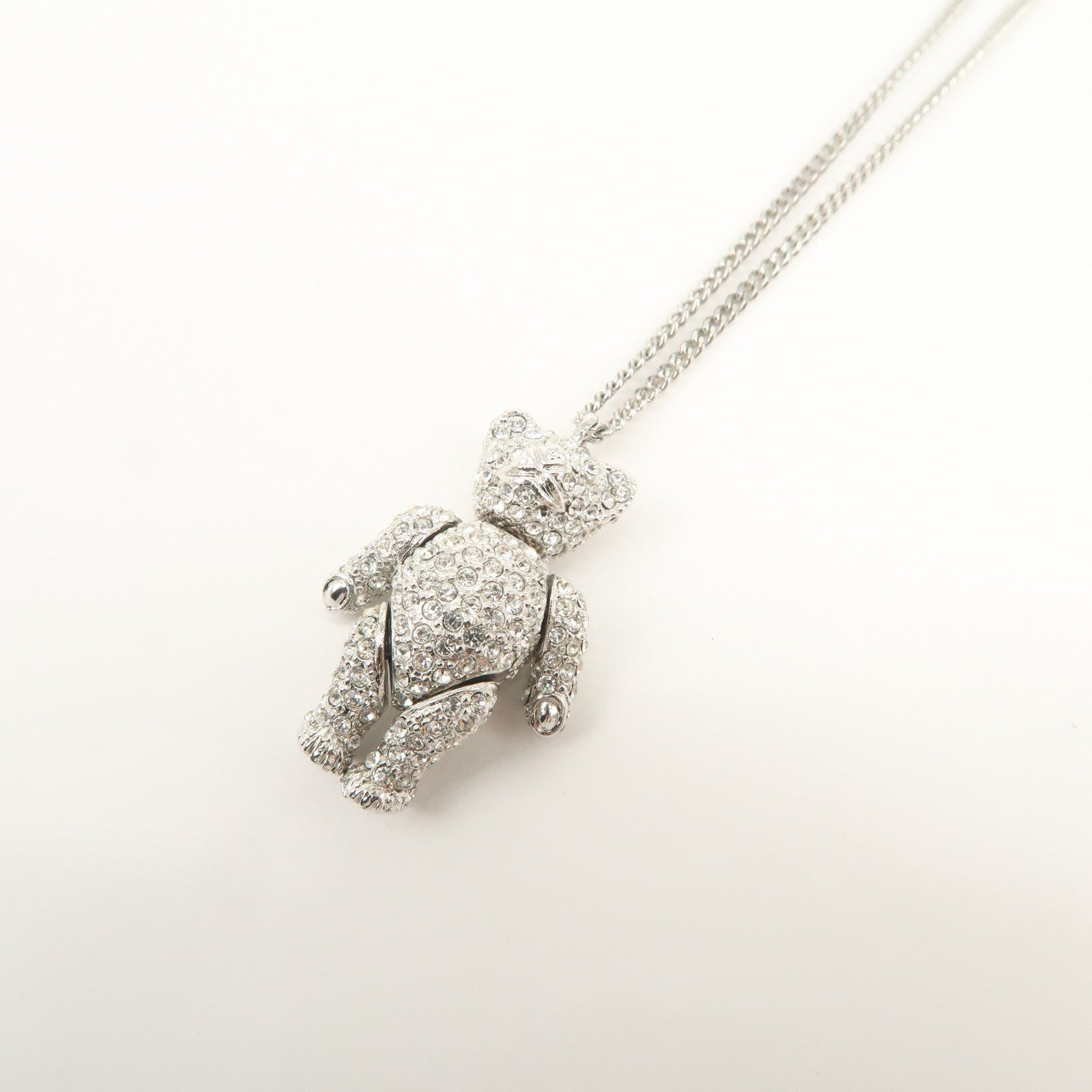 Christian Dior Logo Metal  Rhinestone Necklace Silver