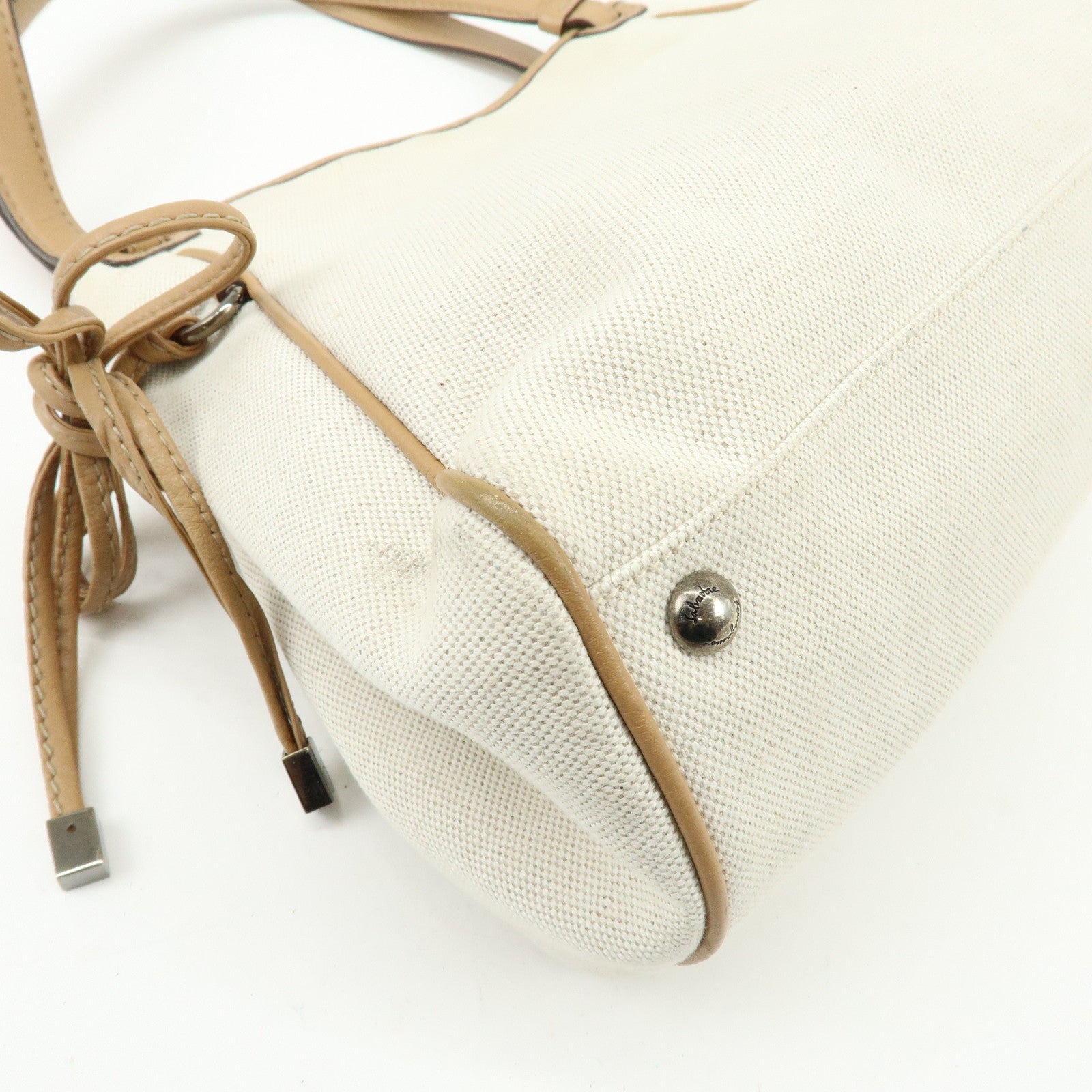 Ferragamo Gancini Canvas Leather Tote Bag Shoulder Bag Natural