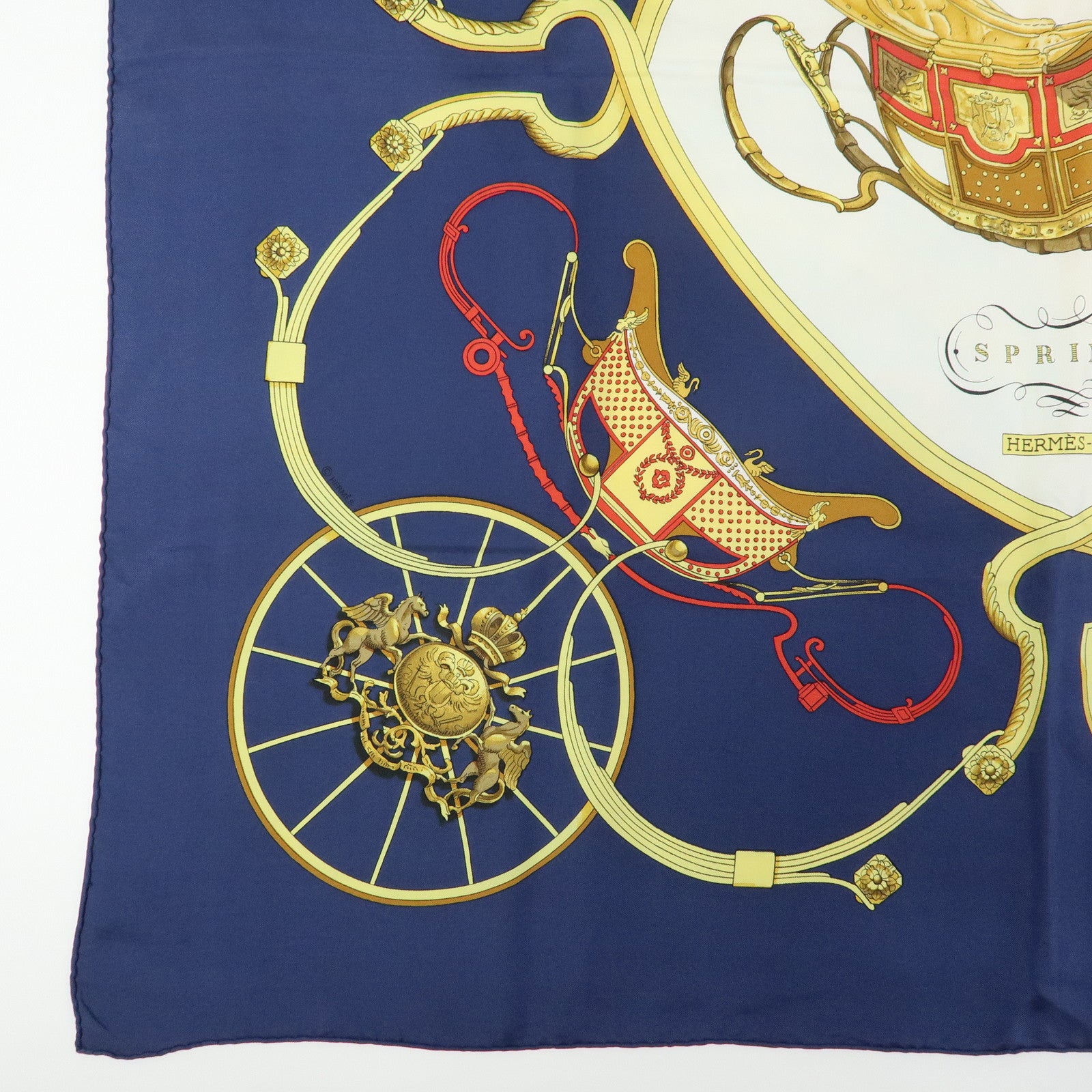 HERMES Carre 90 Silk 100% Scarf SPRINGS Navy White Yelllow Red