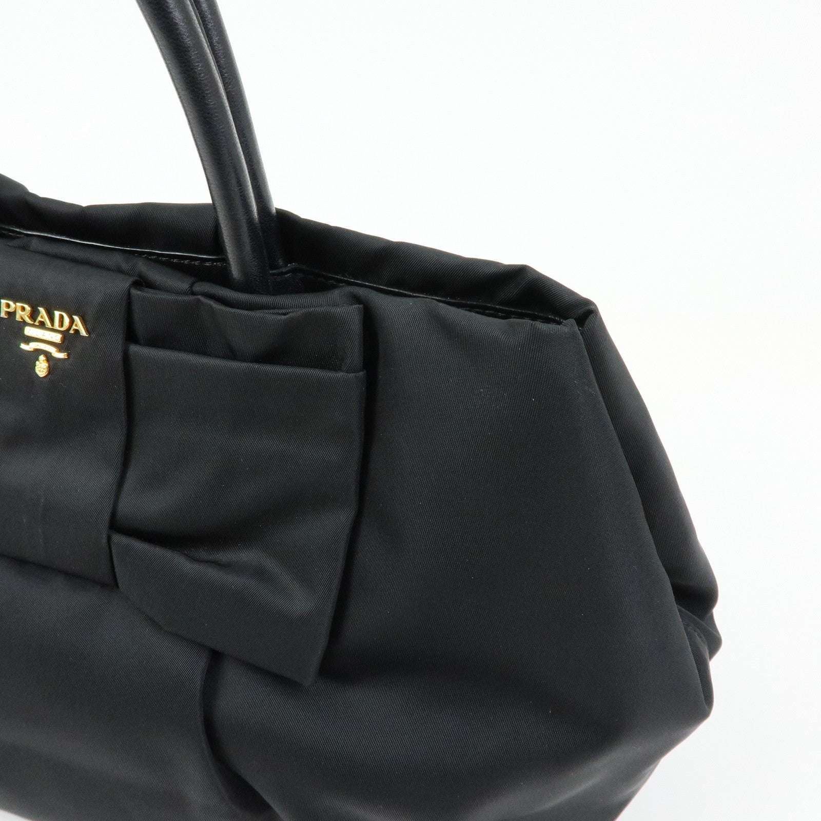 PRADA Ribbon Nylon Leather Hand Bag Tote Bag Black BN1601