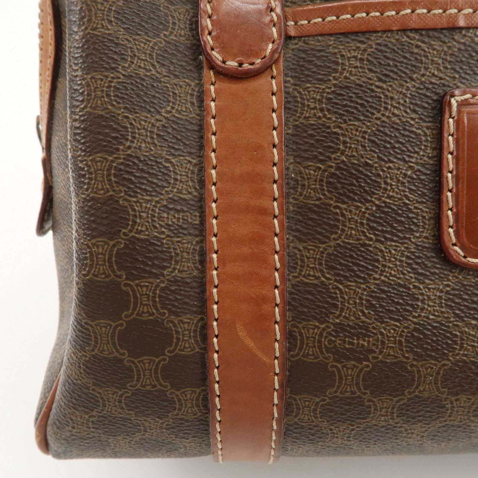 CELINE Macadam PVC Leather Boston Bag Brown Gold HDW