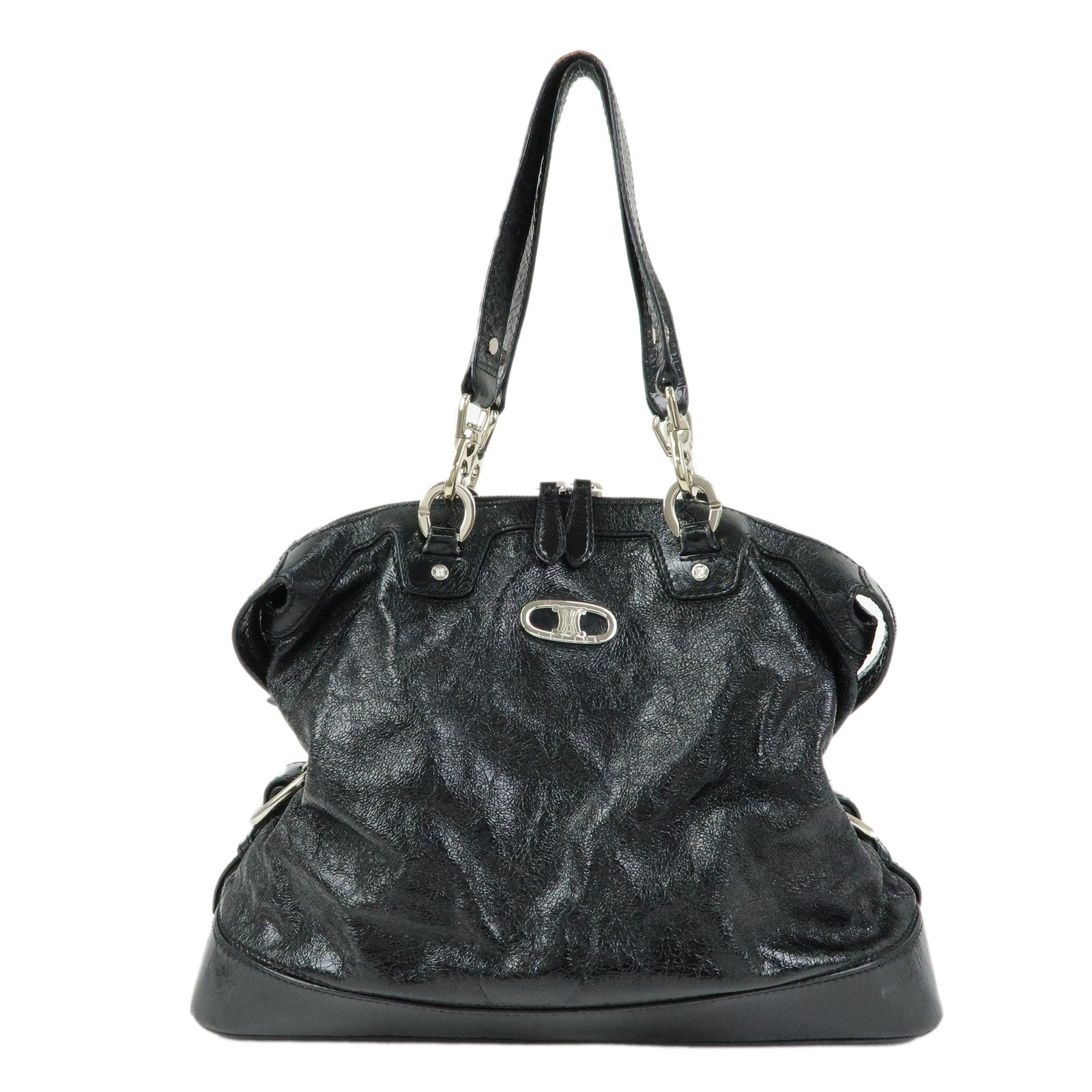 CELINE Patent Leather Macadam Stamped Boston Bag Hand Bag Black