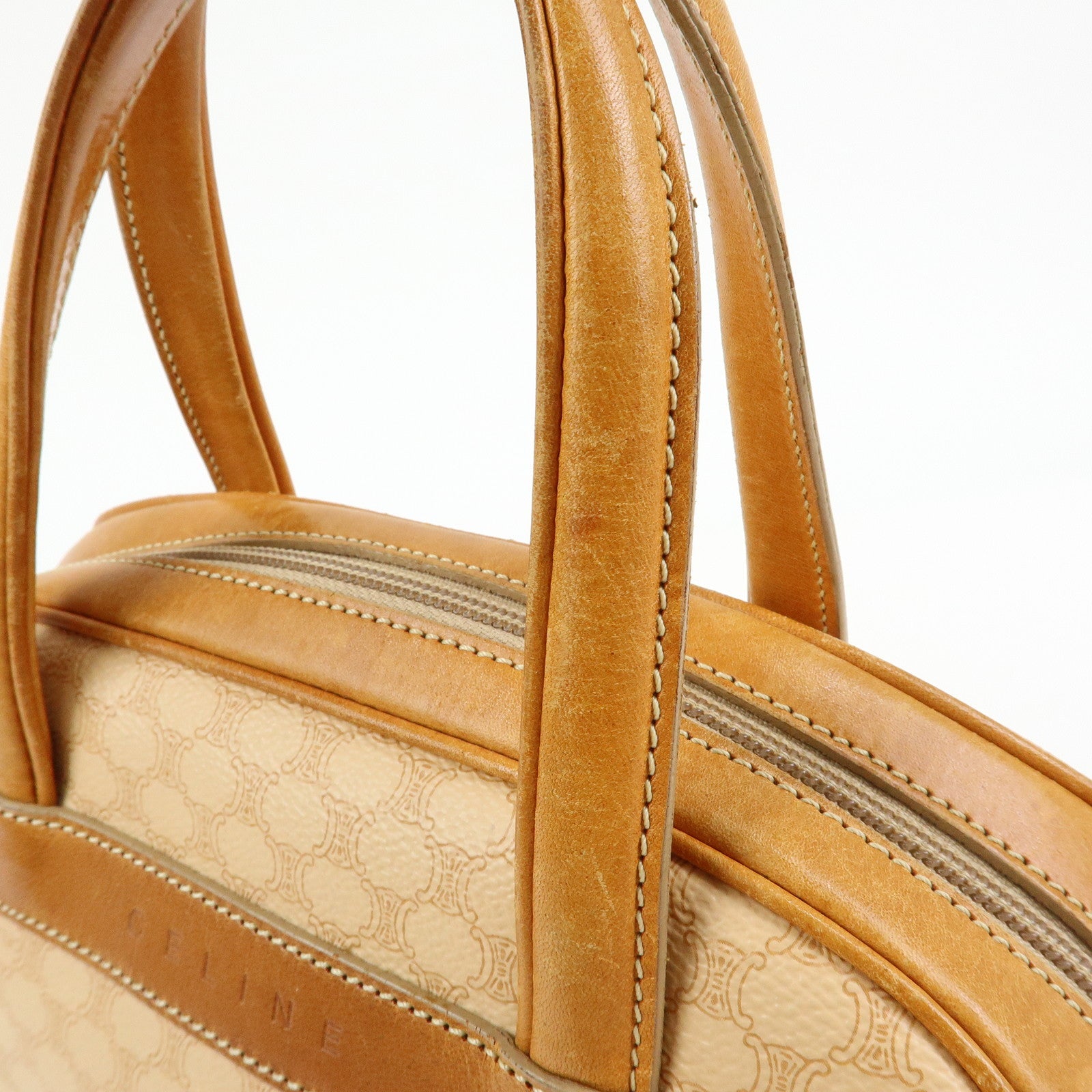 CELINE Macadam PVC Leather Hand Bag Boston Bag Beige Camel