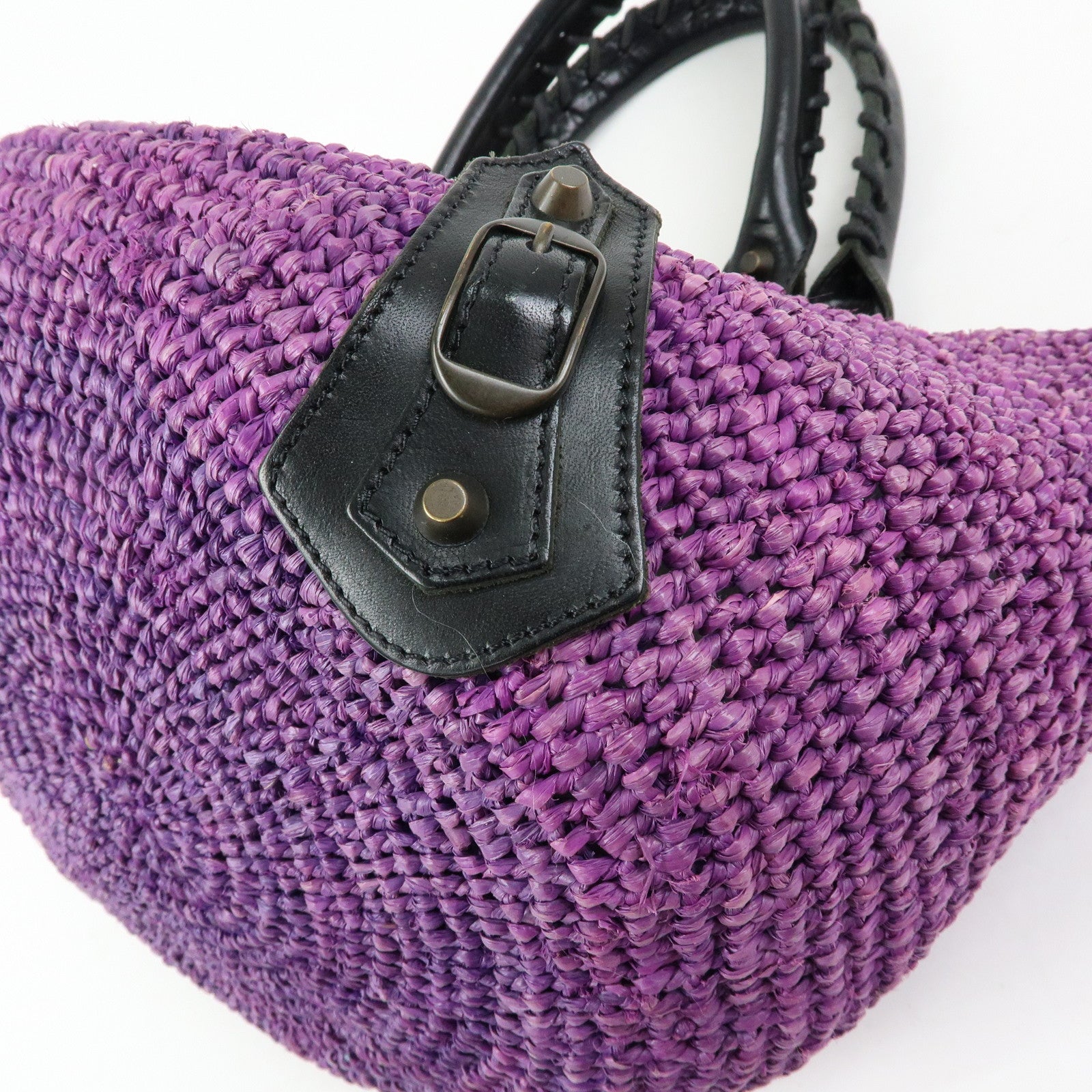 BALENCIAGA Leather Raffia Small Hand Bag Purple Black 236741