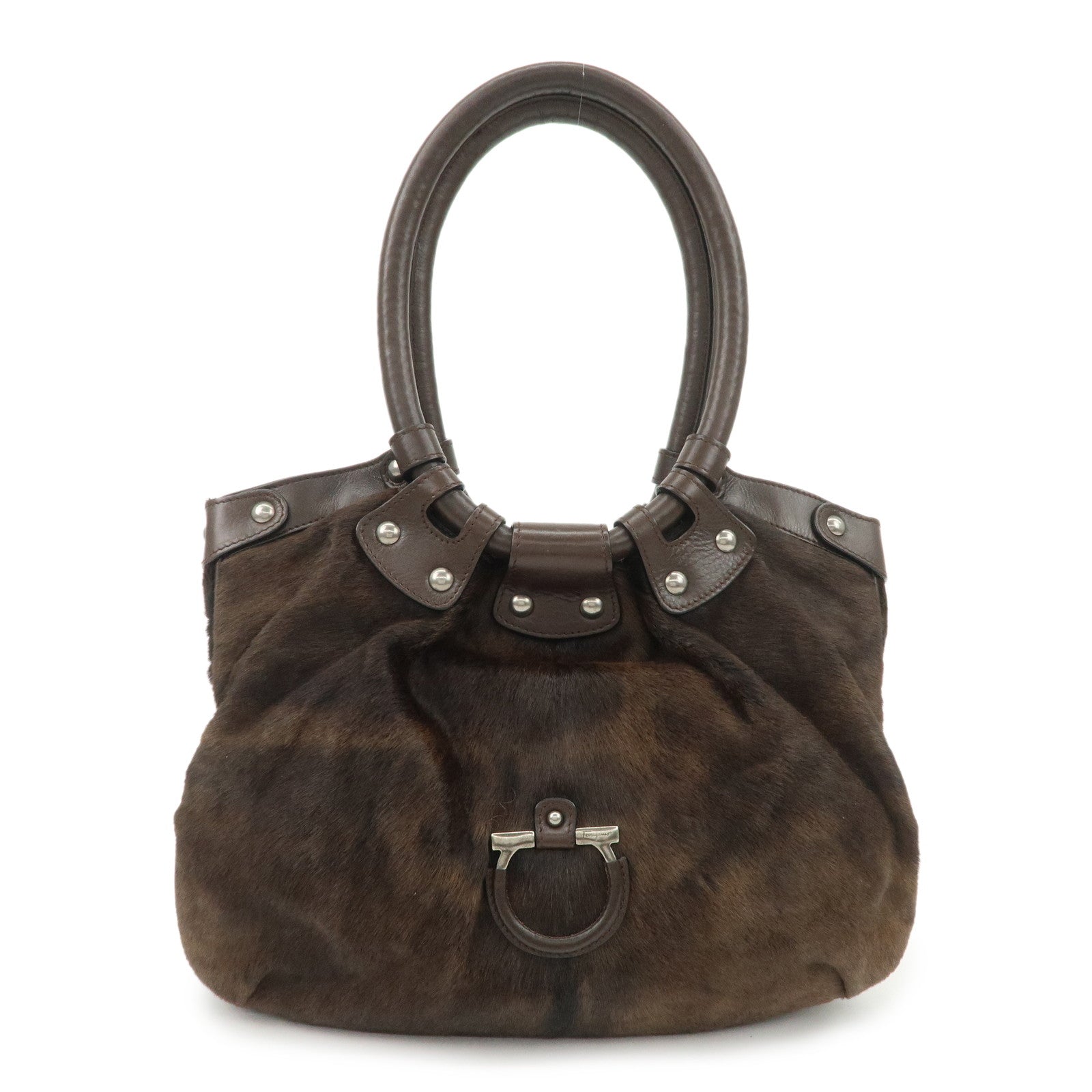 Ferragamo Gancini Unborn Calf Leather Hand Bag Dark Brown Used