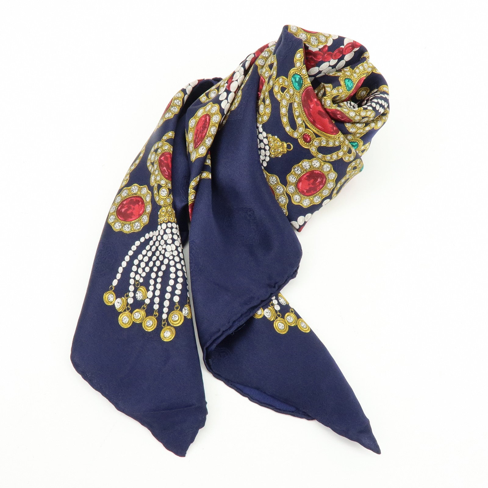 CHANEL Silk 100% Scarf Jewelry Motif Dark Navy Multicolor