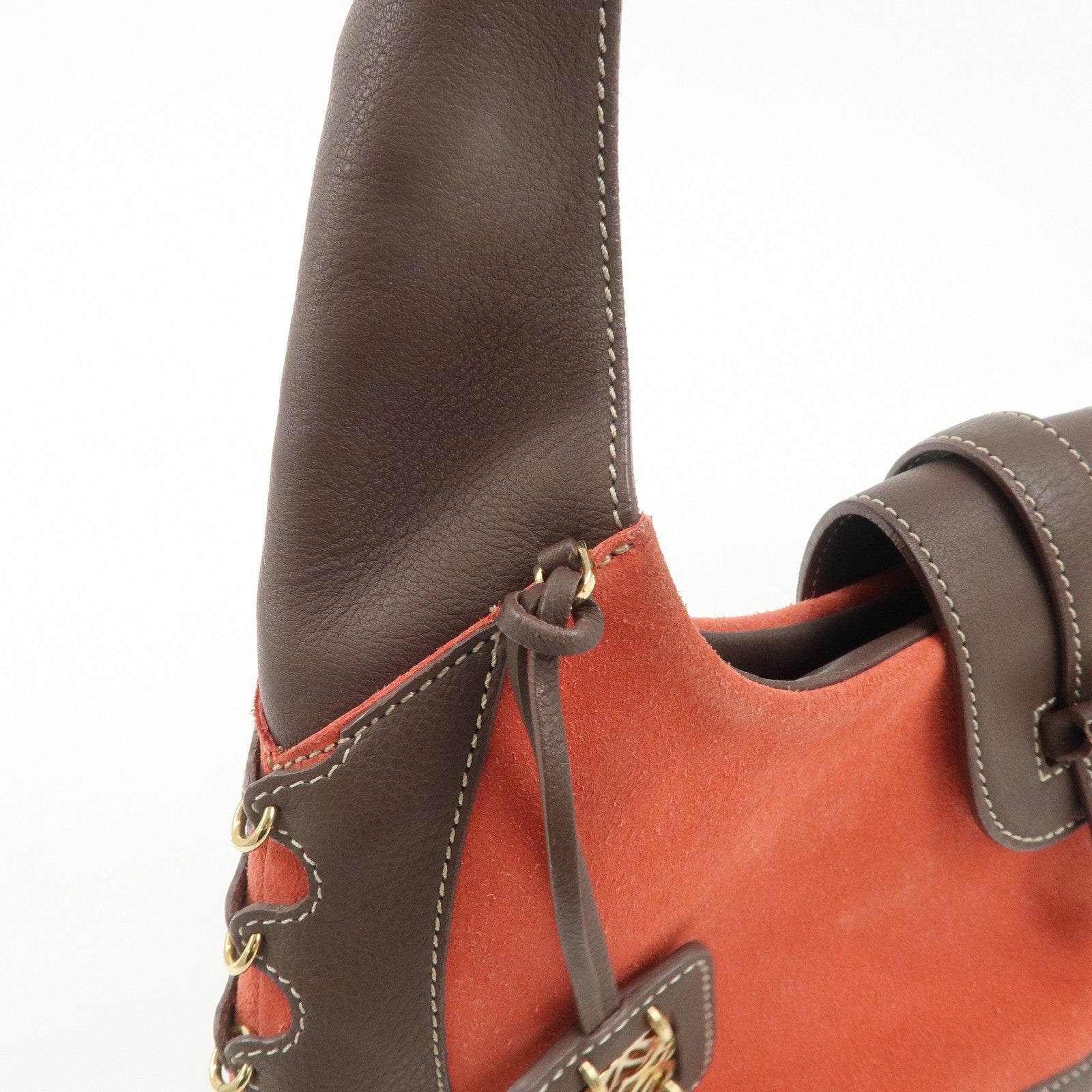 LOEWE Leather Suede Shoulder Bag Hand Bag Brown Red Gold HDW