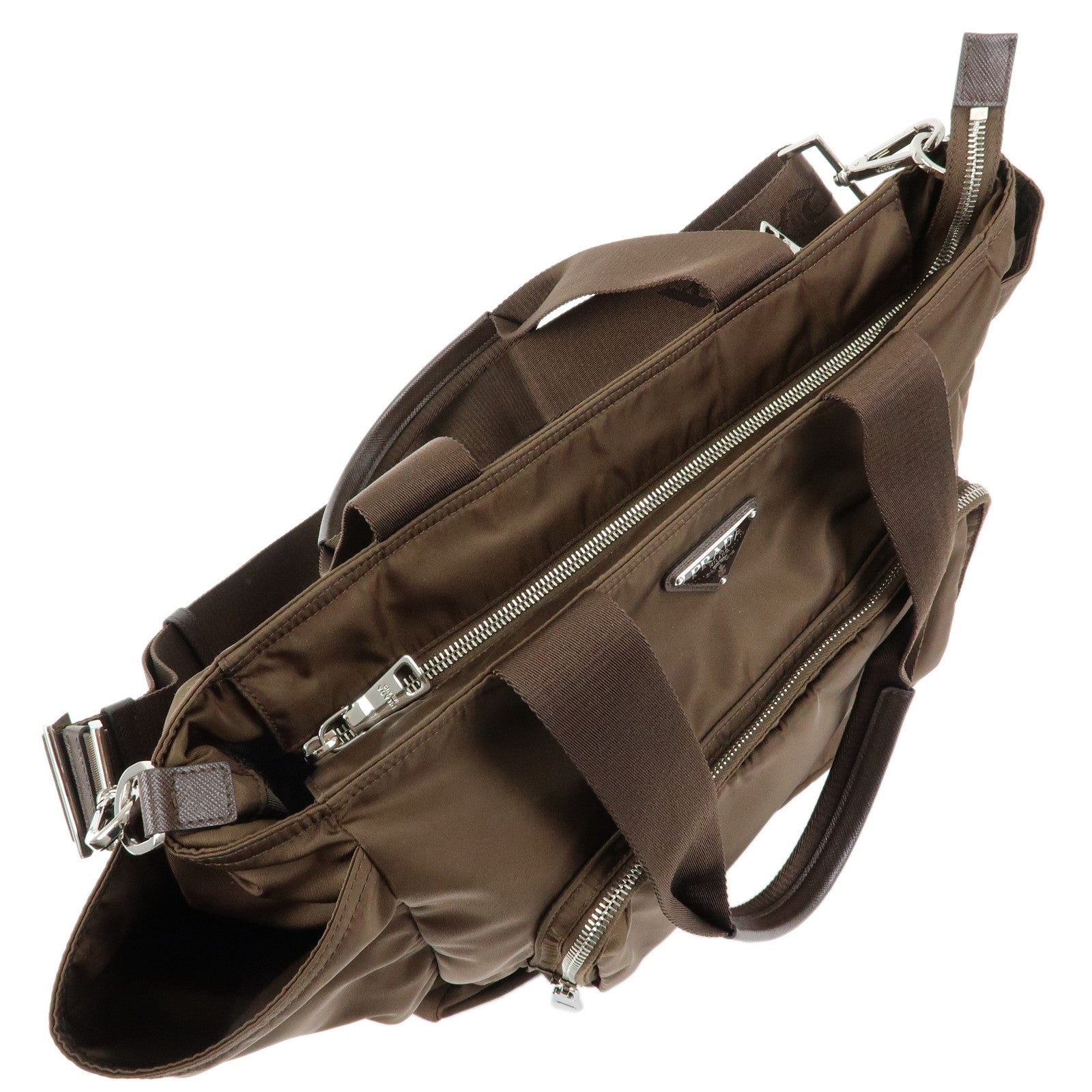 PRADA Triangle Logo Nylon Leather 2Way Hand Bag Khaki Brown 1BG102