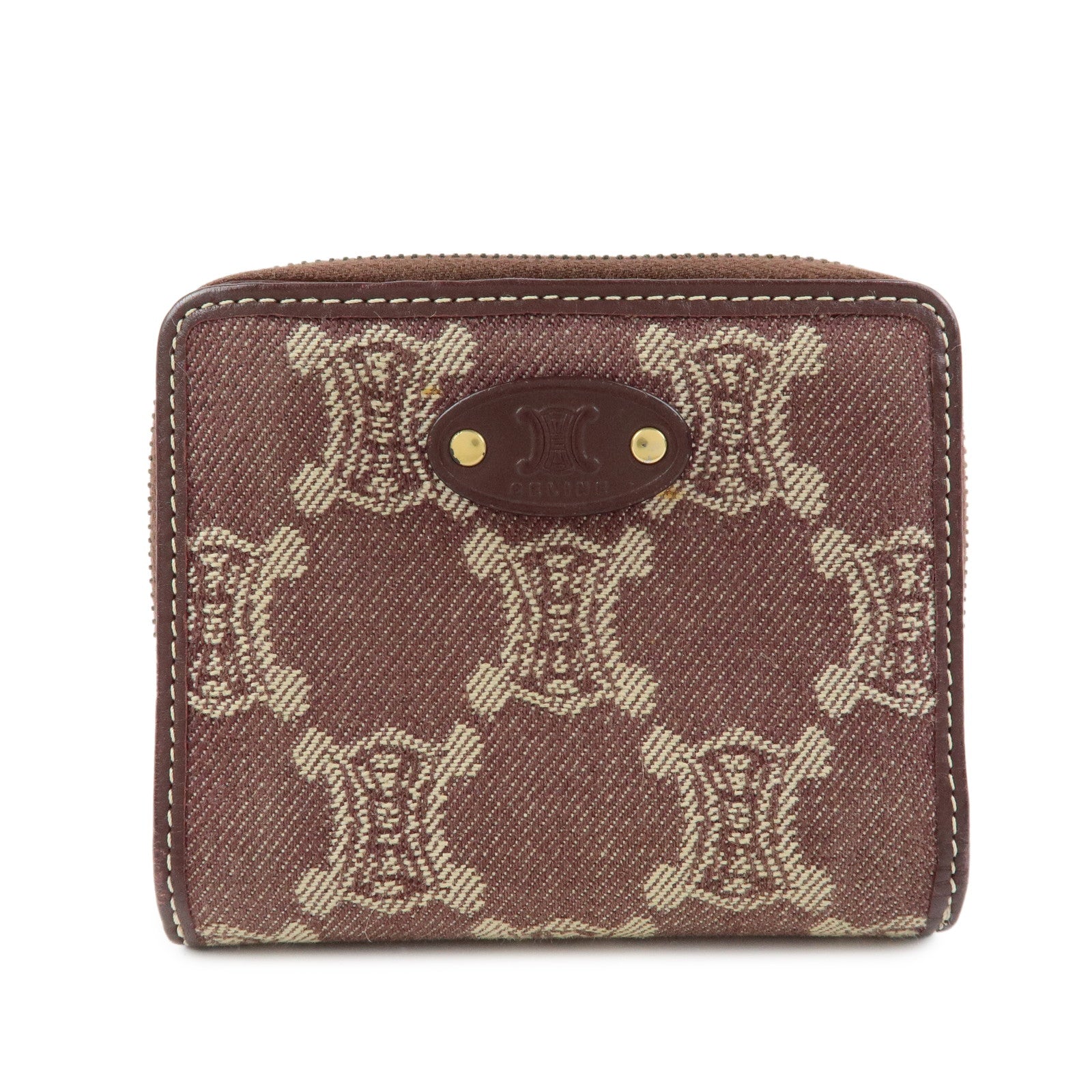 CELINE Macadam Denim Leather Bi-fold Compact Wallet Bordeaux