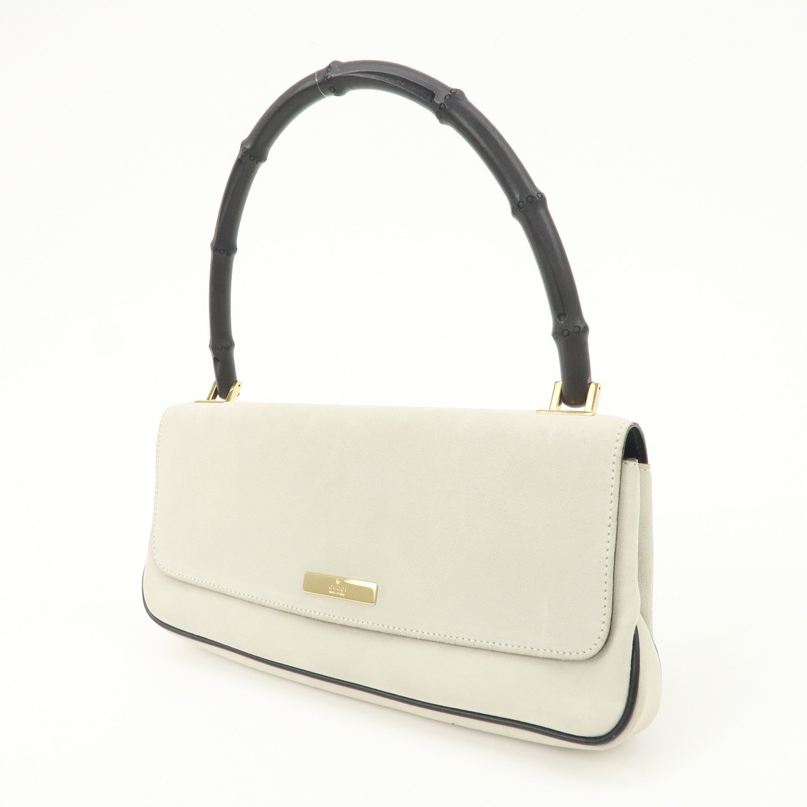GUCCI Bamboo Suede Shoulder Bag Hand Bag Light Gray 001.4047