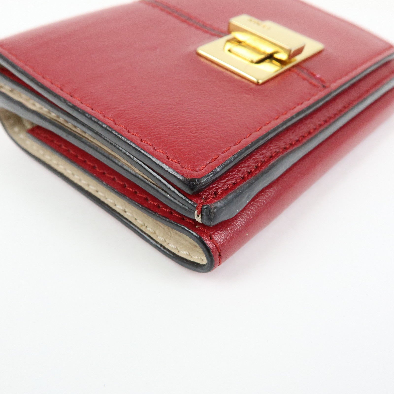 FENDI Peekaboo Leather Compact Trifold Wallet Red 8M0445
