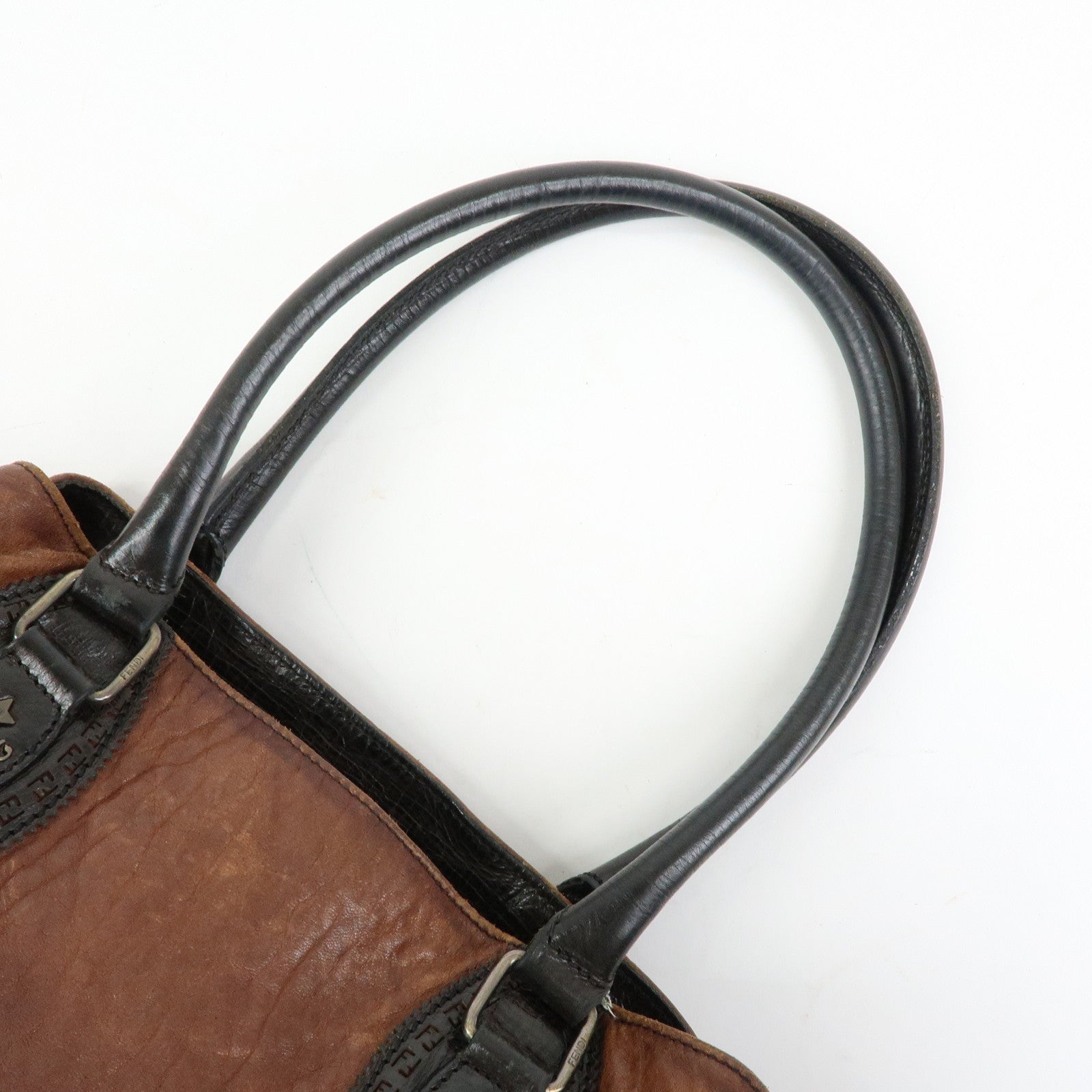 FENDI Etnico Leather Tote Bag Shoulder Bag Brown Black 8BN158