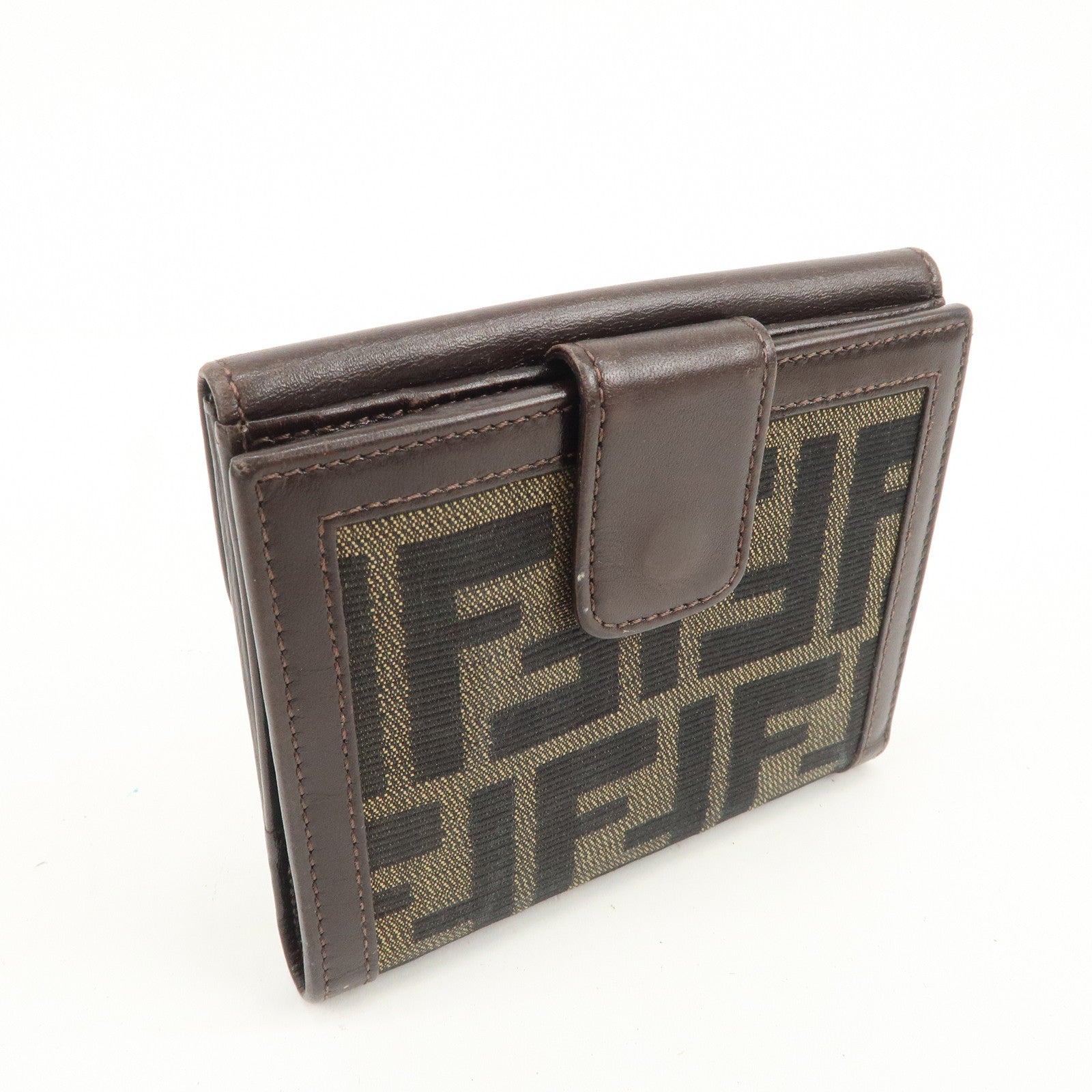 FENDI Zucca Logo Canvas Leather Compact Wallet Brown 12671