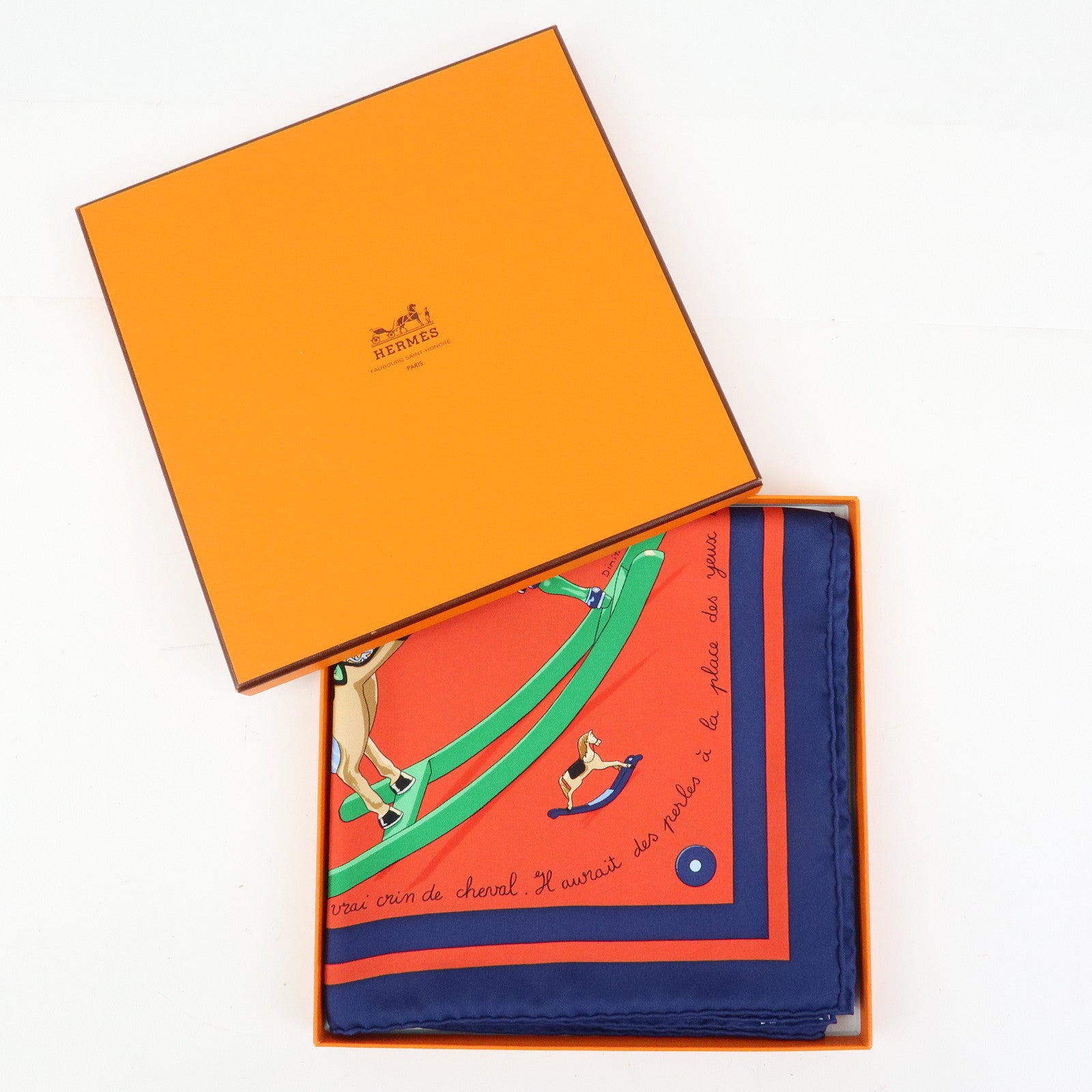 HERMES Carre 90 Silk 100% Scarf Raconte moi le cheval Red Navy