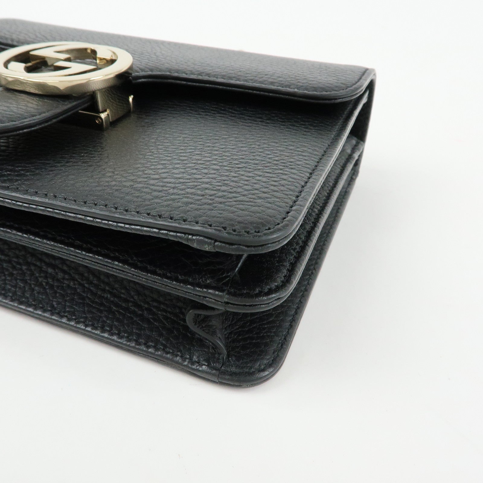 GUCCI Interlocking G Leather Chain Flap Shoulder Bag Black 510304